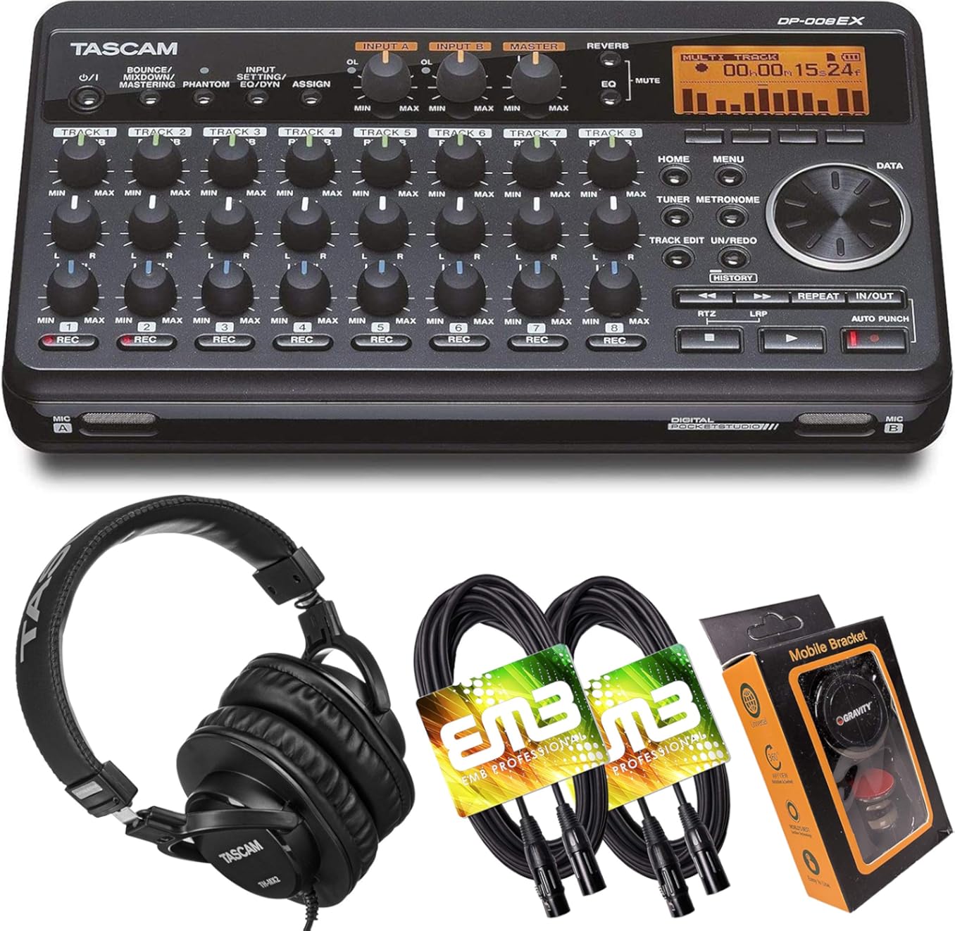Tascam DP-008EX 8-Track Digital Pocketstudio Multi-Track Audio Recorder with Pro Headphone and Pair of EMB XLR Cables and Gravity Magnet Phone Holder Bundle