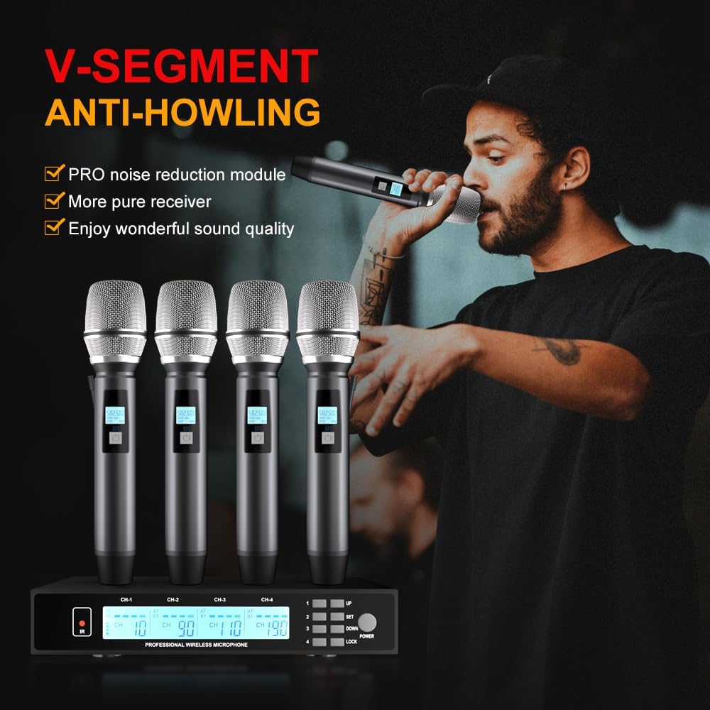 4-Channel UHF Wireless Mic System, Adjustable Frequency, 4 Metal Moving Coil Handheld Mics, 160ft Range, for Church, KTV, Events