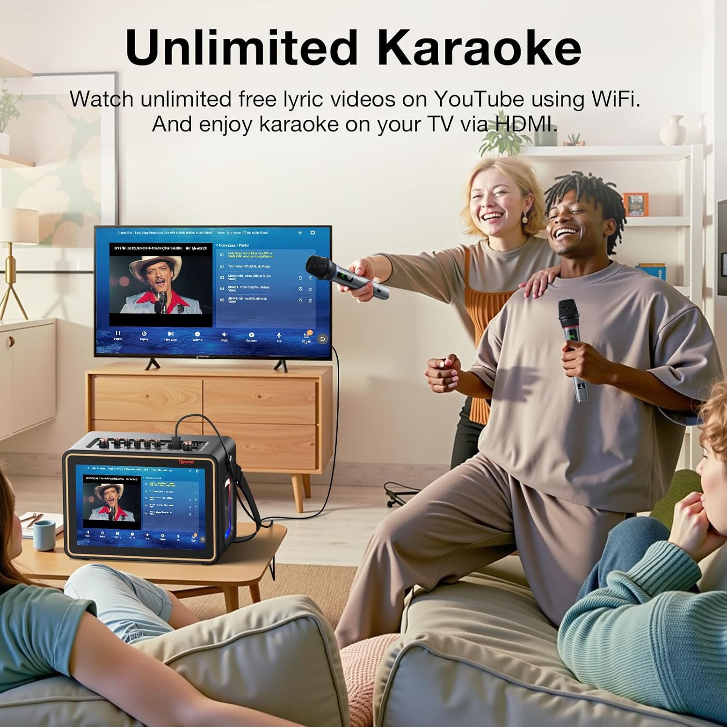 Smart Karaoke Machine with Lyrics Display, 12.1 Inch IPS Touch Screen, Two Wireless Microphones, Portable Bluetooth Speaker PA System for Home Outdoor Party (Large)