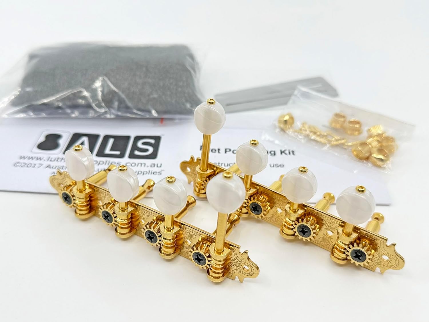 Gotoh F-Style Mandolin Tuners - Gold with Pearloid Buttons [Bonus ALS Fret Polishing Kit] MF40-MWG Model Tuners by Gotoh Japan - Fret Polishing Kit by ALS