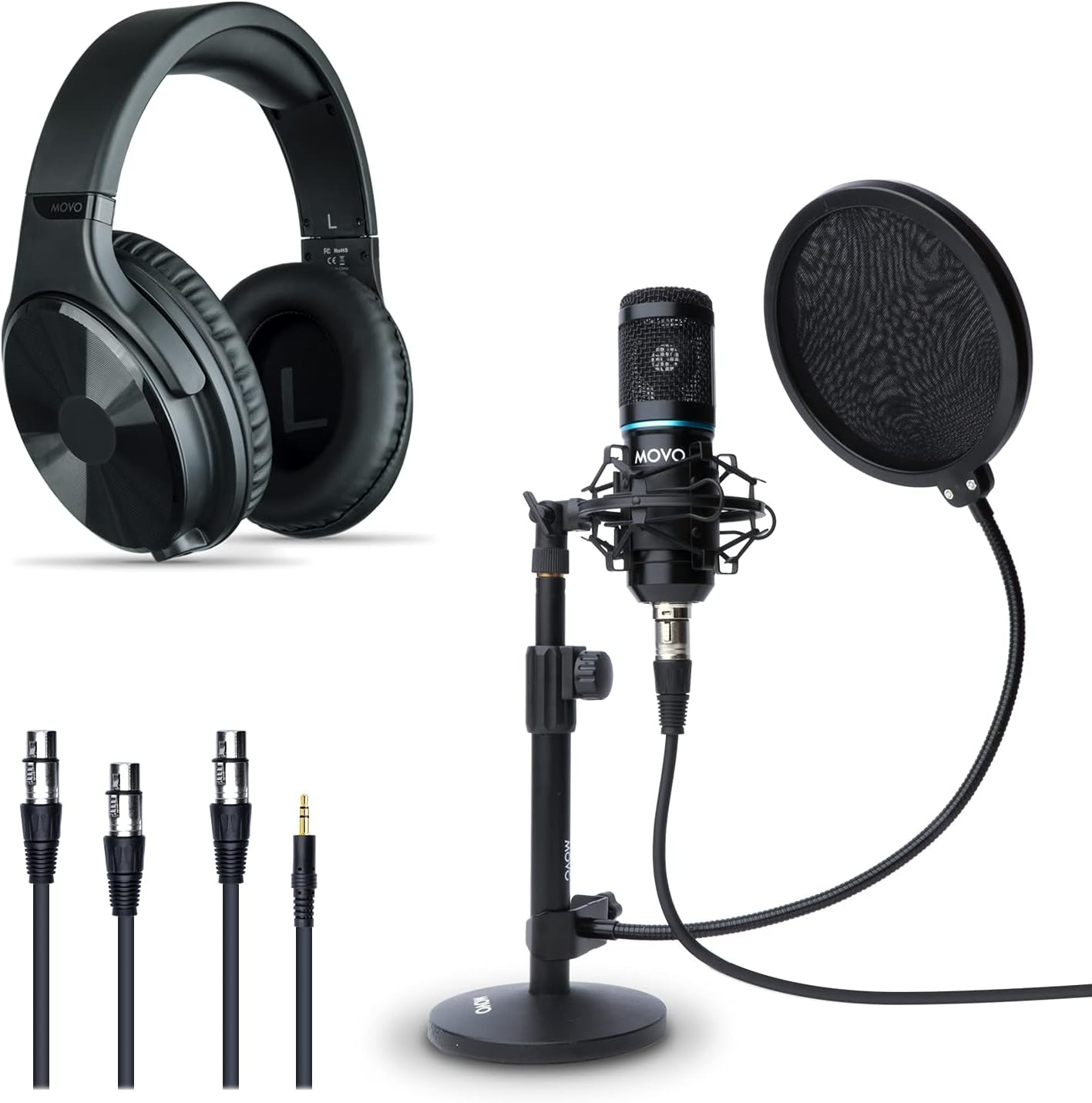 Movo Studio Microphone and Podcast Equipment Bundle - 3.5mm and XLR Condenser Microphone for Singing - Wired Studio Headphones for 3.5mm and 6.35mm - Stereo Headphones with Mic Recording Set