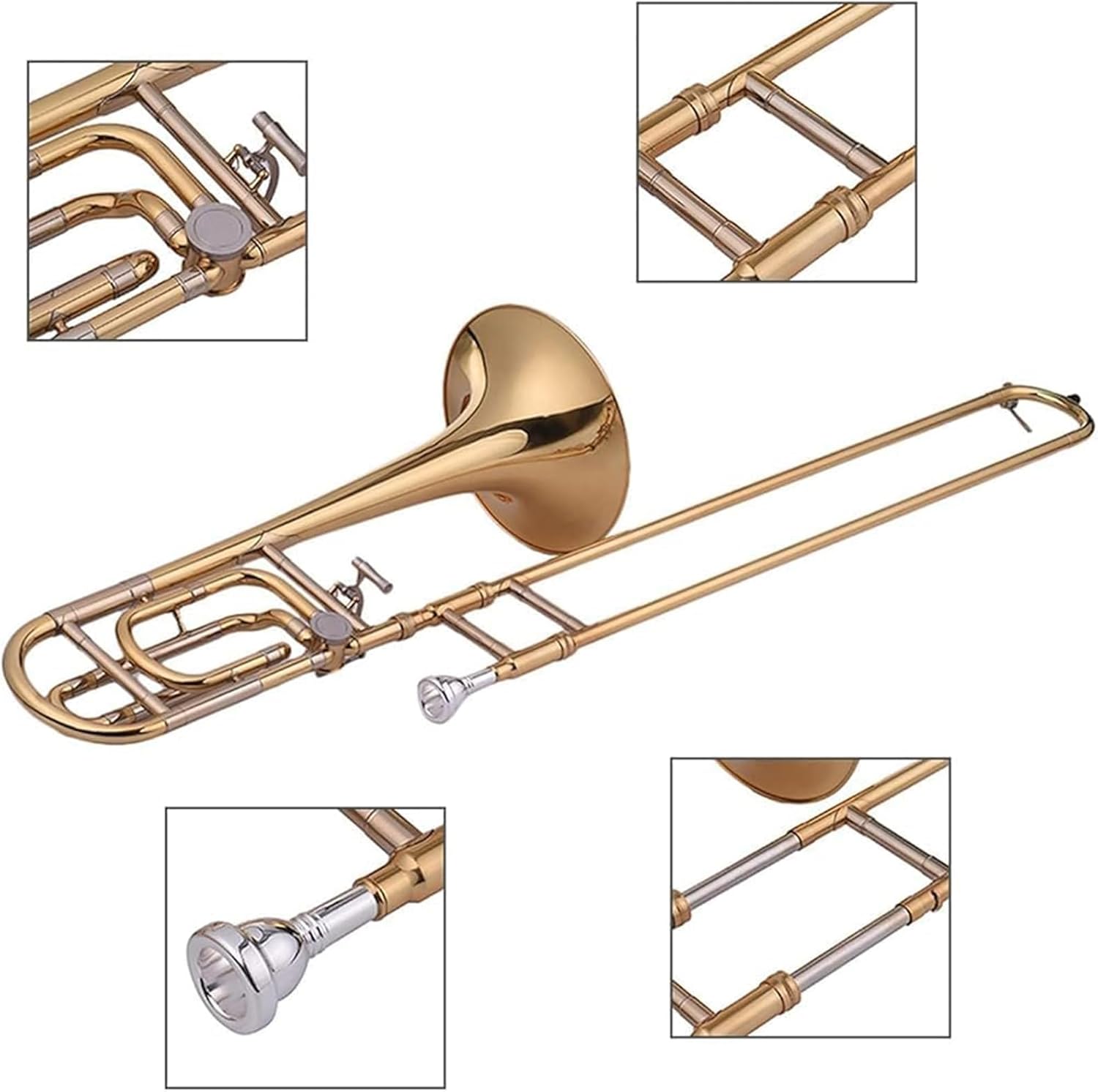 Intermediate Bb Flat Tenor Slide Trombone with F Attachment, Brass Trombone, with Gloves Cleaning Cloth Trumpet Set (A)