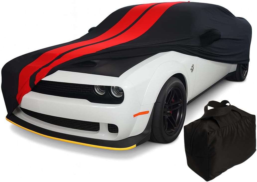 Dodge Challenger Custom Fit Car Cover - Indoor Ultraguard Stretch Satin - Protect from Dust - The Ultimate High End Fit for All 2008-2025 Dodge Challengers (Black with Red Stripes)