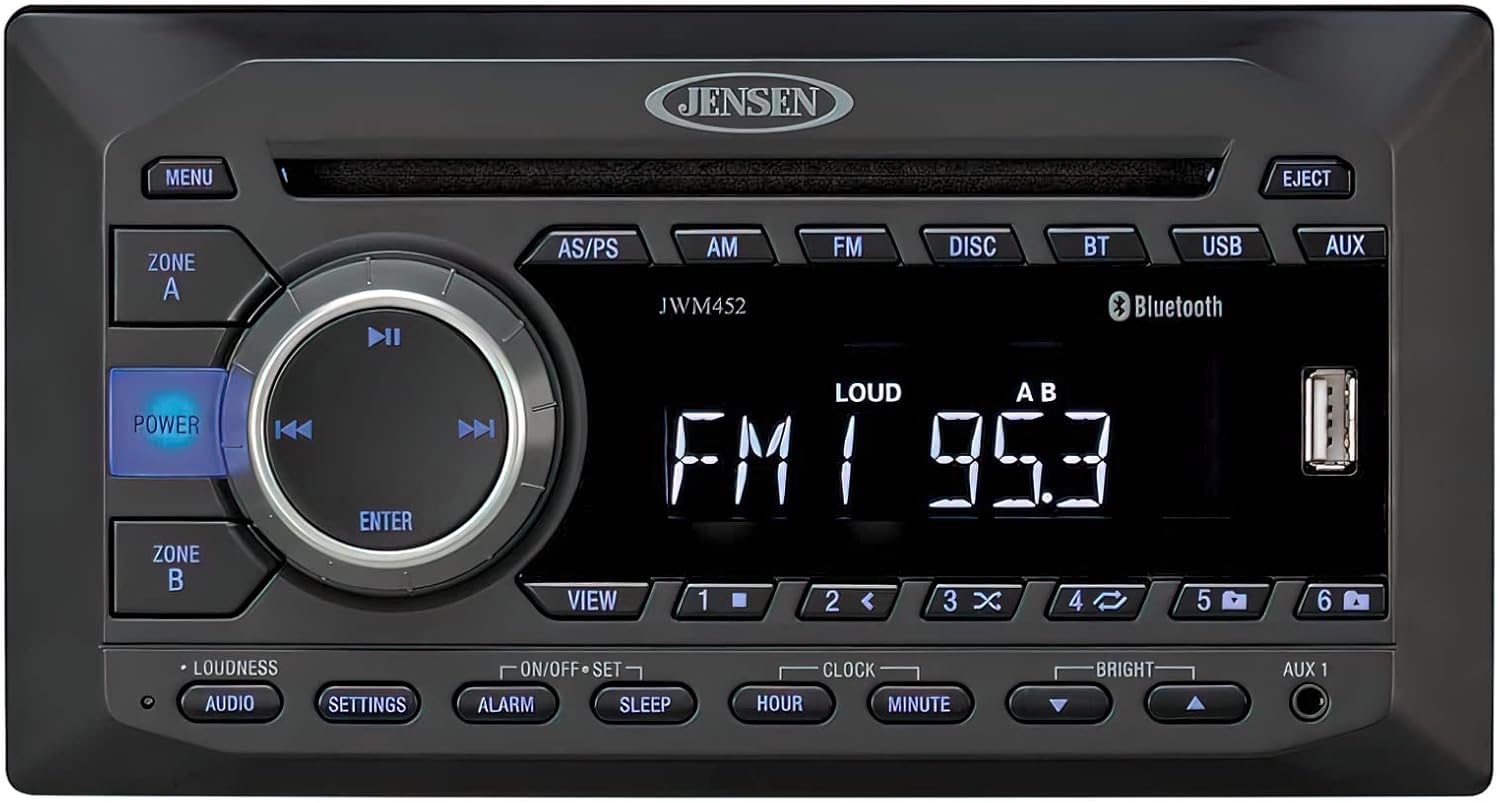 Jensen JWM45 Two-Zone Bluetooth Wall Mount Stereo, Front USB with MP3/WMA Playback, DVD/CD-R/RW Slot and MP3 Compatible, Front AUX A/V Input (3.5mm), Remote Control Included (Renewed)