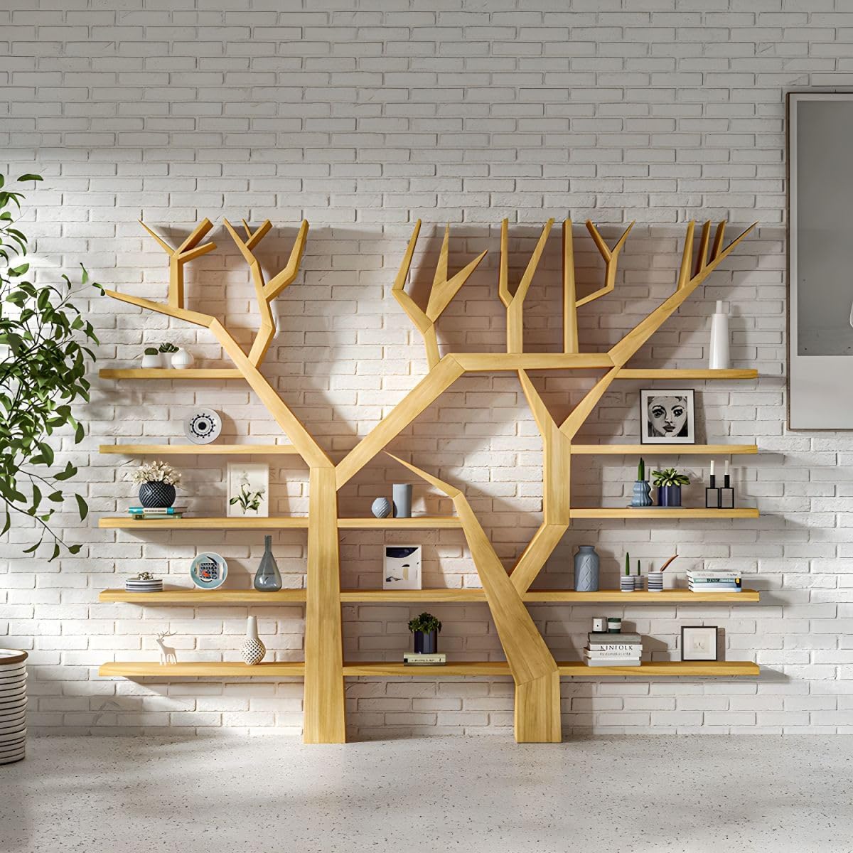 CraftThink Wall Mount Wood Bookcase, Modern Tree Design Wall Storage with 28 Shelves & Open Back in Vertical Design for Living Room, Office, and Bedroom- Natural 55