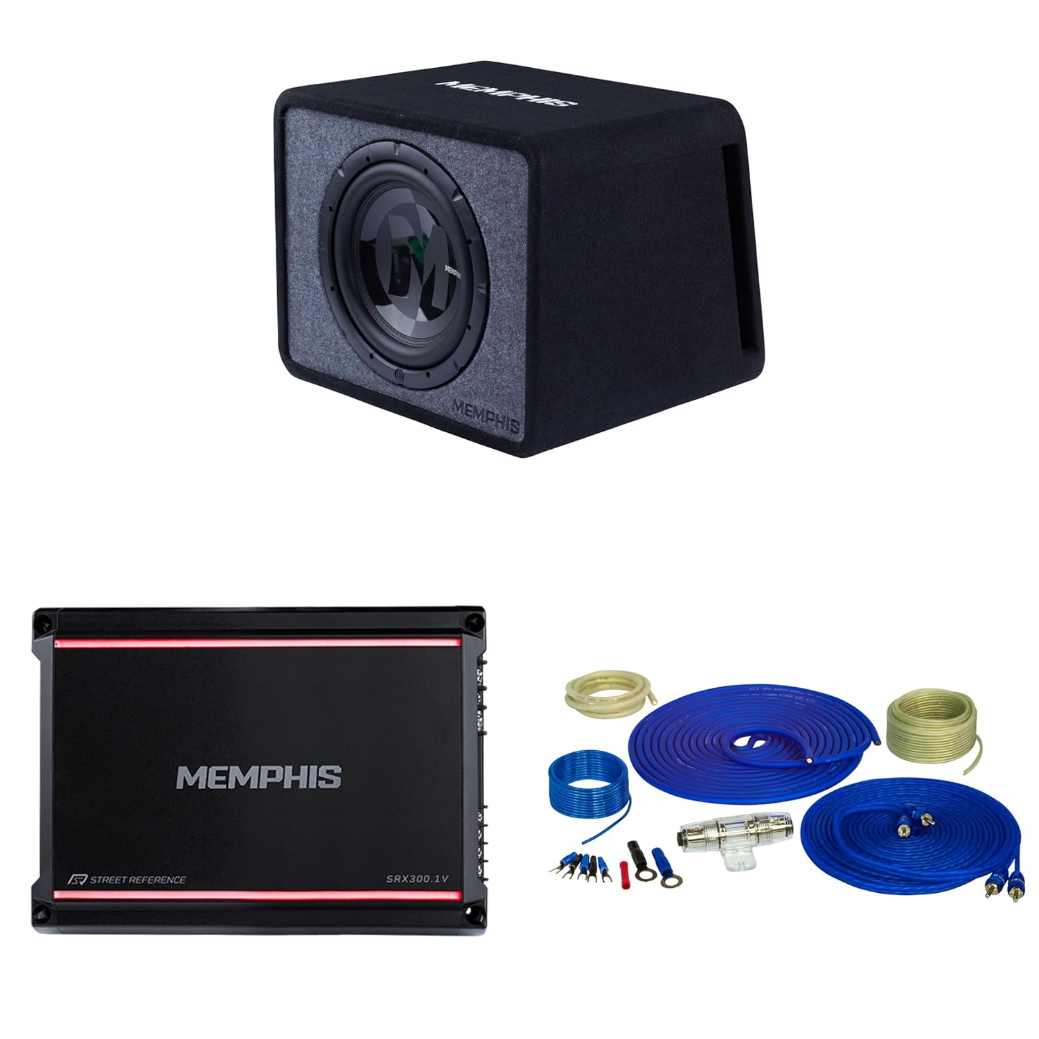 Memphis PRXE12S2 Single 12” Power Reference Series Loaded Enclosure with SRX300.1V Street Reference Series Mono Subwoofer Amplifier and Amp Wiring Kit