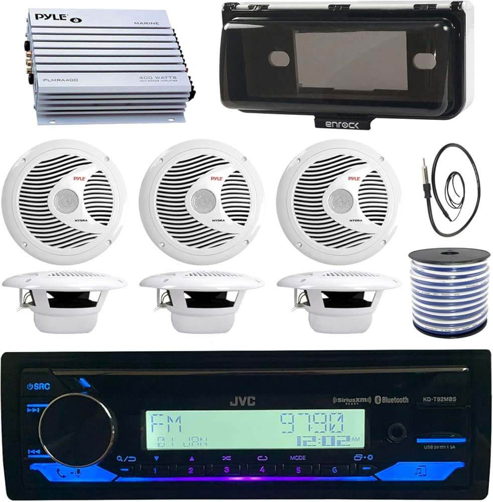 Single DIN Marine Boat Audio Bluetooth CD Player Receiver W/Radio Cover - Bundle Combo with 6X White 6.5'' 150W Waterproof Stereo Speakers + Enrock Antenna + 400W Amplifier + 50-FT Wire