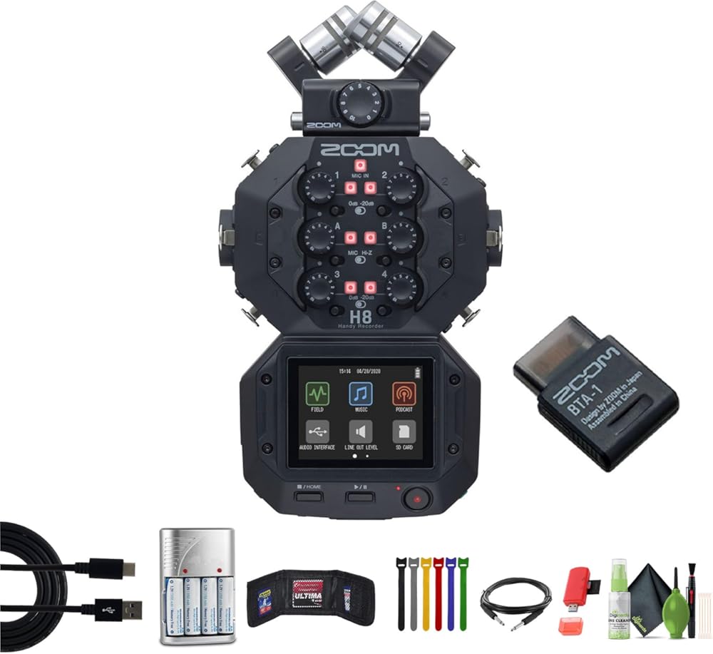 Zoom H8 12-Track Handy Audio Recorder Bundle with Extreme PRO 64GB SDXC Memory Card + USB Card Reader, SD/microSD + Balanced Interconnect, 1/4 inch TRS to Same + More