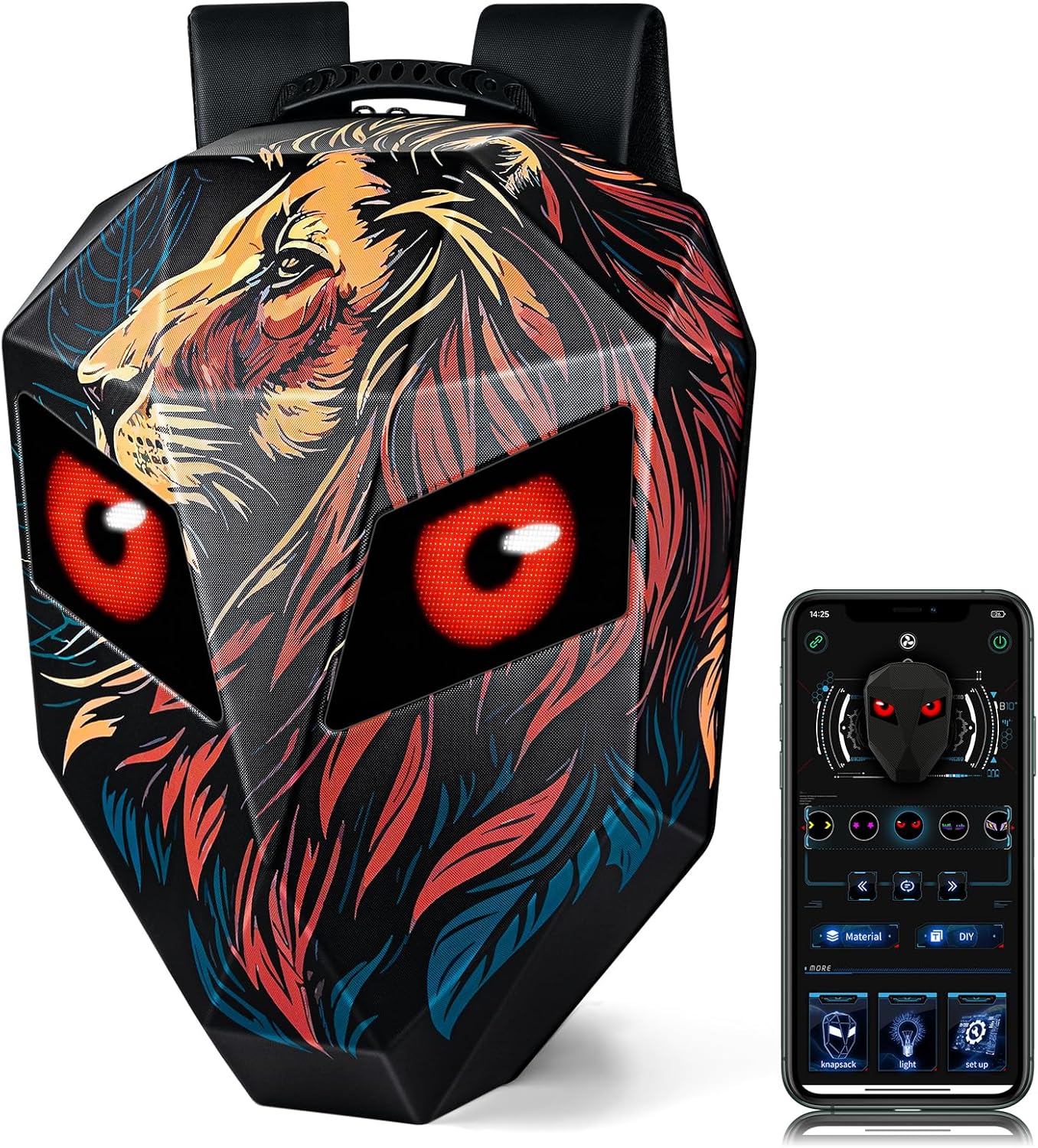 Gelrova Lion Knight Serise LED Backpack 19inch, LED Rider Backpack for Motorcycle Helmet, Outdoor Fashion Backpack with Eyes