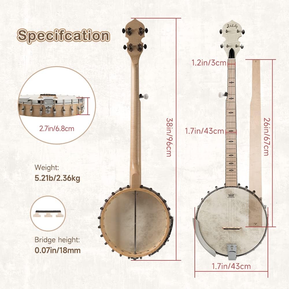 5 String Banjo, Mulucky Full Size with 24 Brackets Banjo, Open Back, Maple Banjos with Remo Head, Geared 5th Tuner, Gift Package with Beginner Kit - MB1101