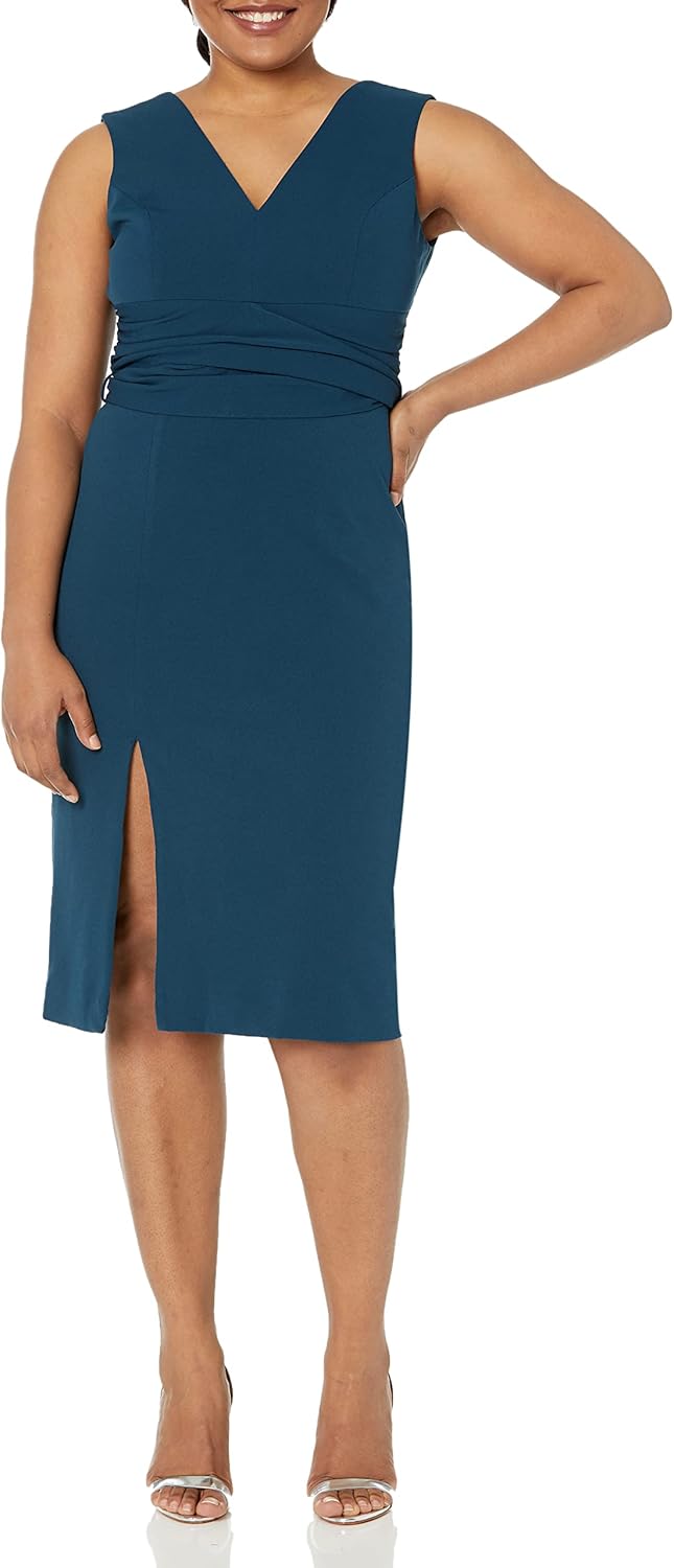 DRESS THE POPULATION Women's Alessia Sleeveless Plunge Neckline Waist Tie Midi Dress