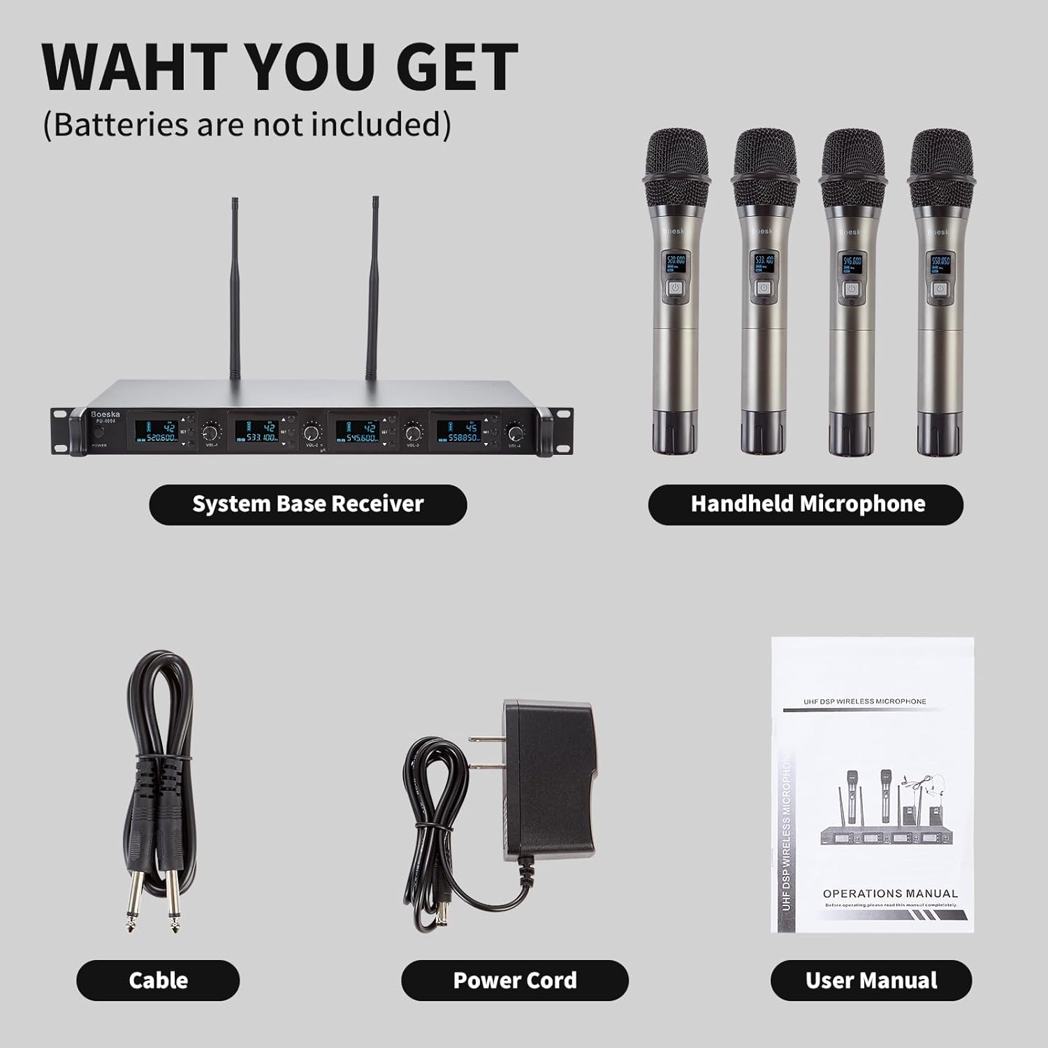 Wireless Microphone System, 4-Channel UHF Wireless Mic, Fixed Frequency Metal Cordless Mic with 4 Handheld Dynamic Microphones, 200ft Range, Mics for Singing, Church (4 Handheld)
