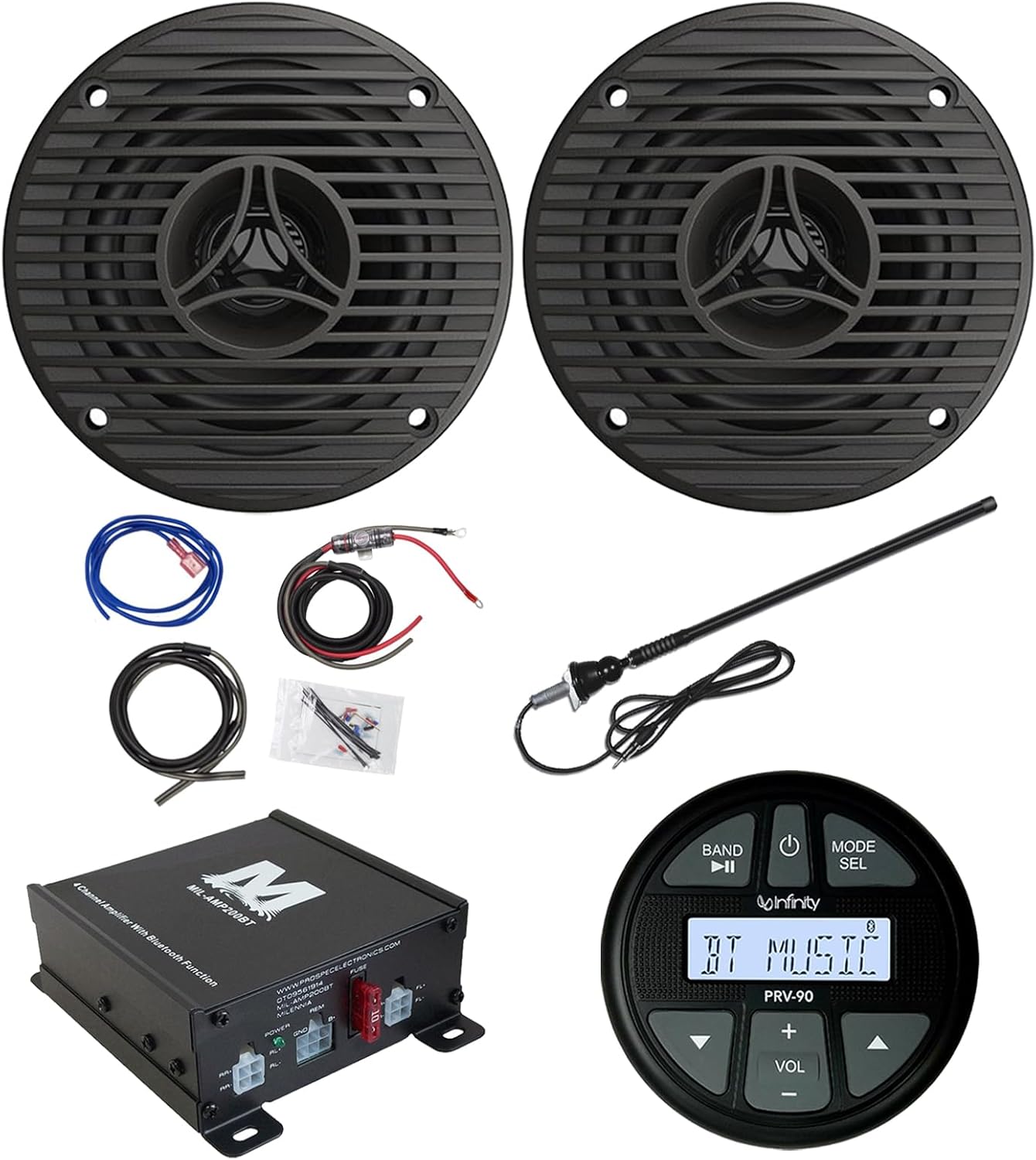 Gauge Style AM/FM Bluetooth AUX/USB Marine Stereo Digital Media Receiver Bundle Combo with 3.5