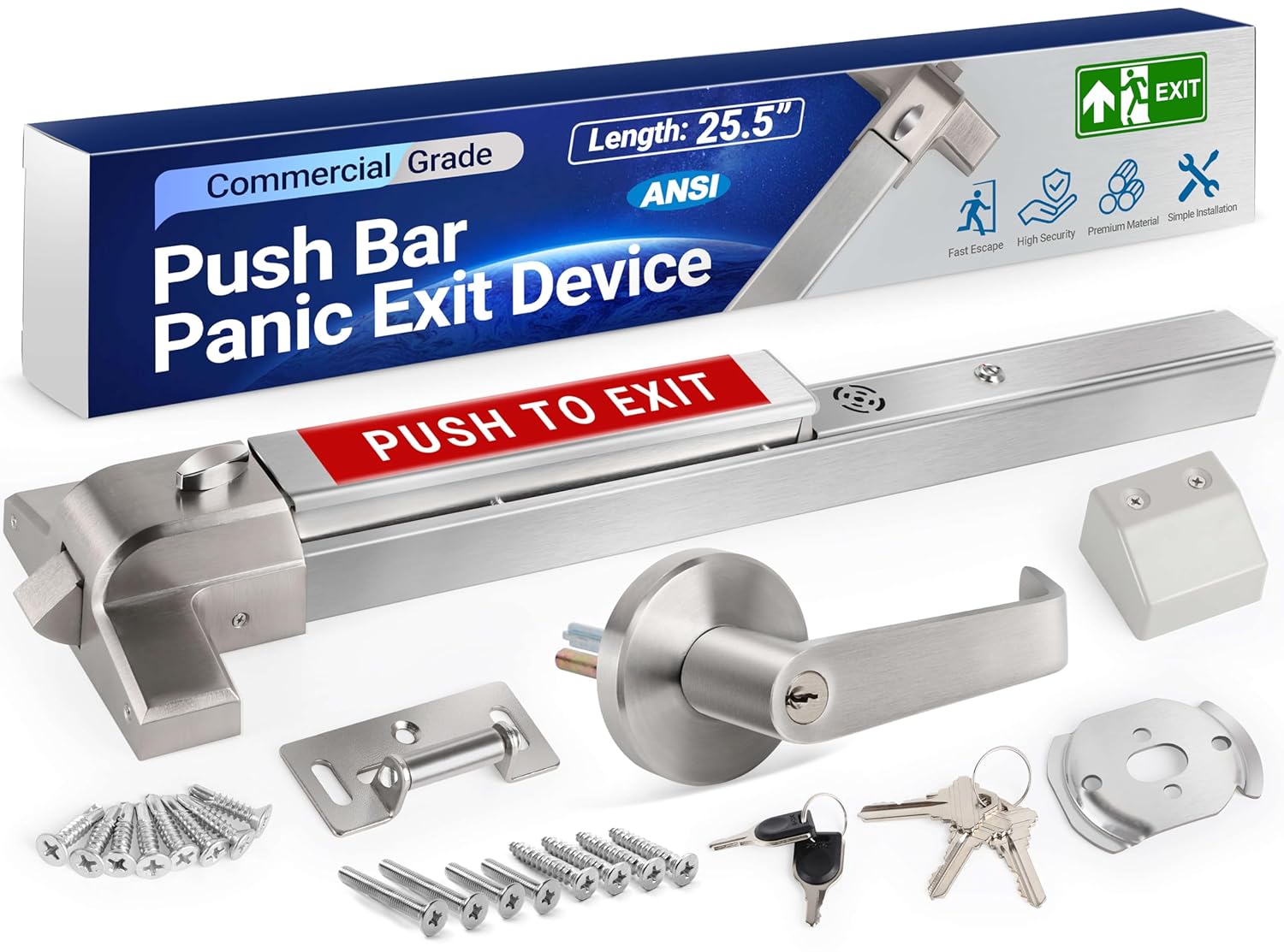304 Stainless Steel Panic Bars for Emergency Exit Doors with Alarms - 25.5” Commercial Door Push Bar Panic Exit Device with Exterior Lever Handle, Panic Door Hardware for 26”-41”Wooden/Metal Doors