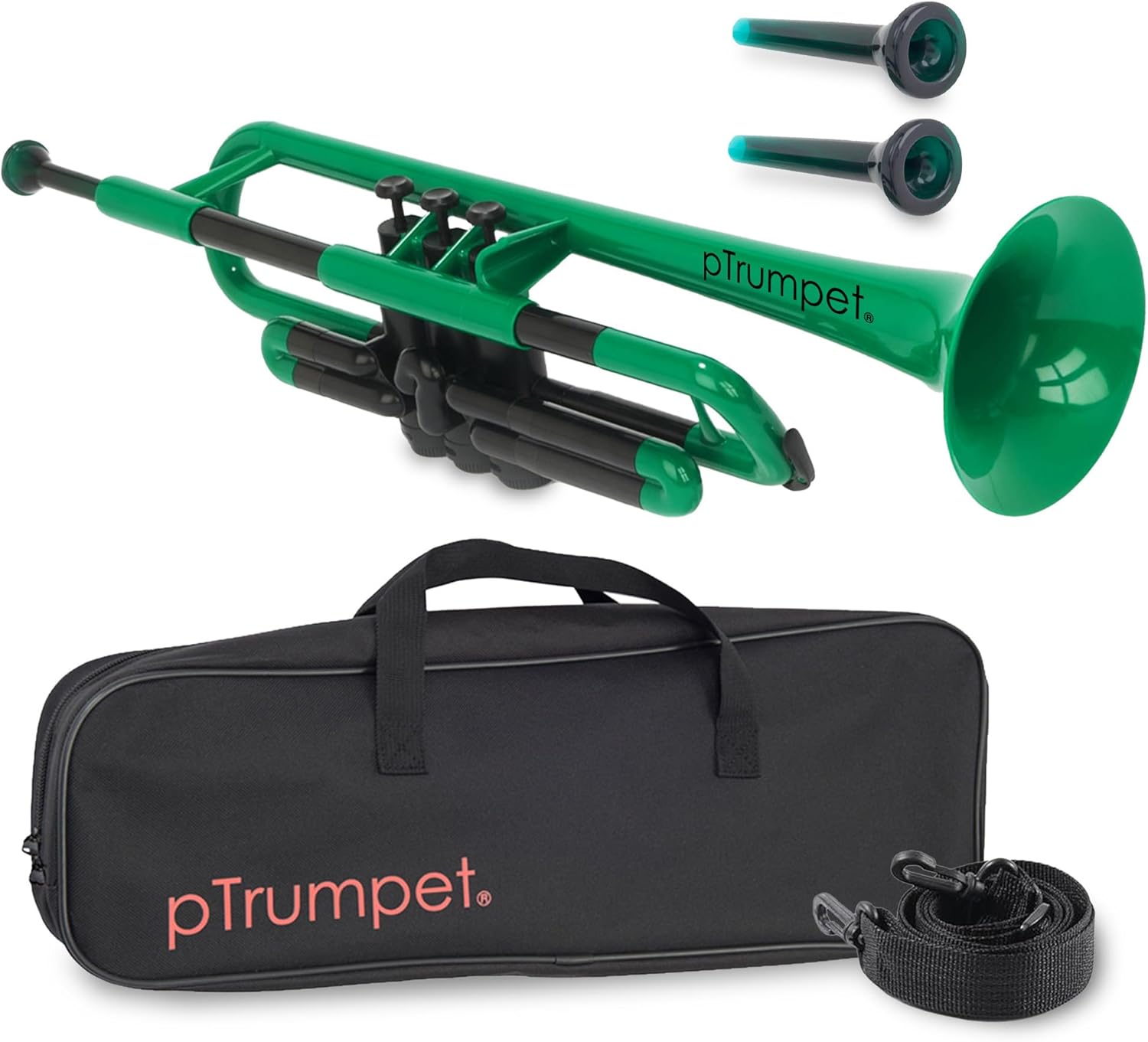 pTrumpet Bb Plastic Trumpet - Durable pInstruments Design with Ergonomic Grip - Includes 3C & 5C Mouthpieces and Carrying Bag - Authentic Sound for Students & Beginners - ABS Build - Green