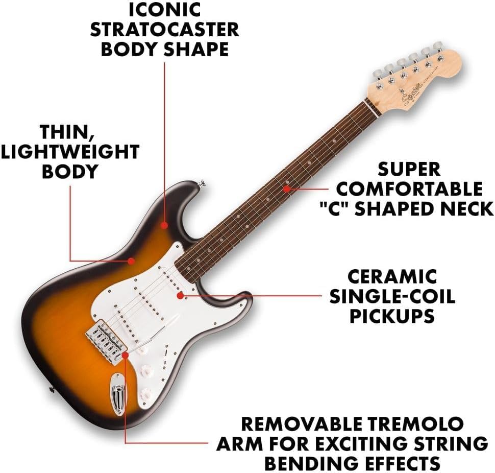 Fender Squier Debut Series Stratocaster Electric Guitar, Beginner Guitar, 2-Color Sunburst with Matte Finish + Fender Mustang Micro Headphone Amplifier