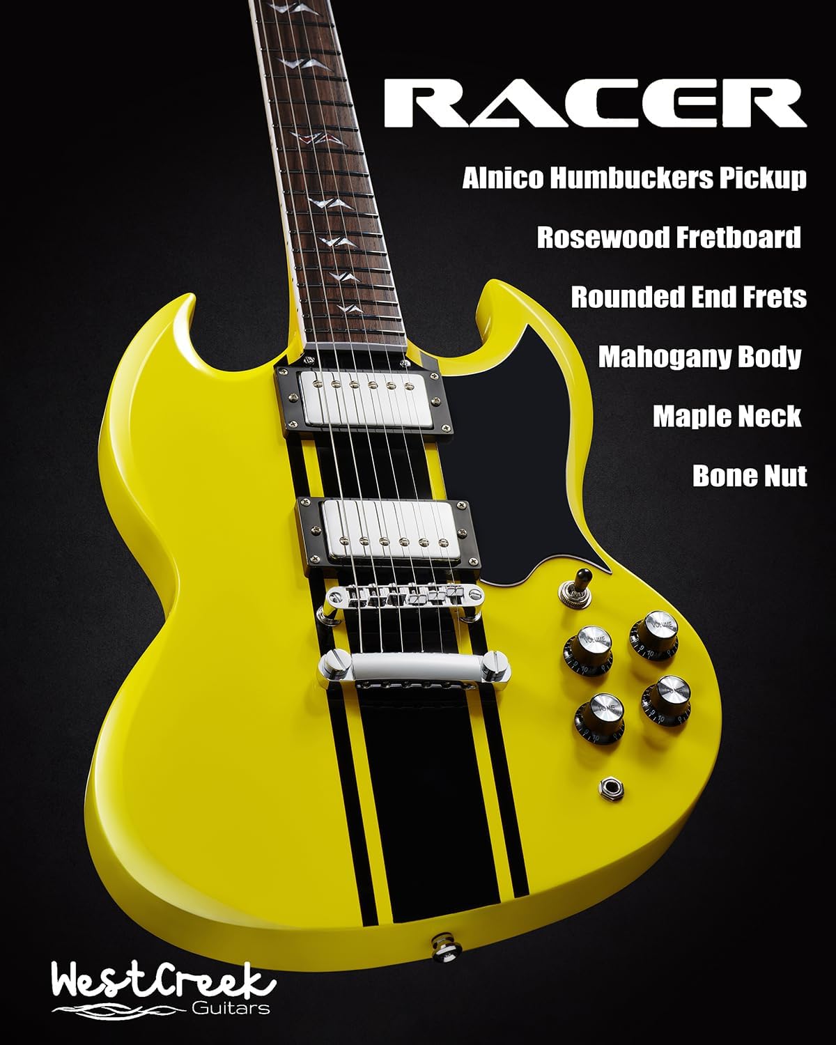 WestCreek RACER Solid Body Electric Guitar, Double Cut guitar, Rounded End Frets, Bone nut, Rosewood Fingerboard, Mahogany Body (Bumble-B)