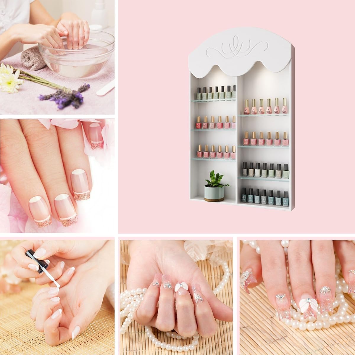 Hanging Wall Shelf, White Wooden Nail Polish Rack, Essential Oil Display Cabinet in Nail Salon, Rectangular Wall Mount Organizer,0.5m