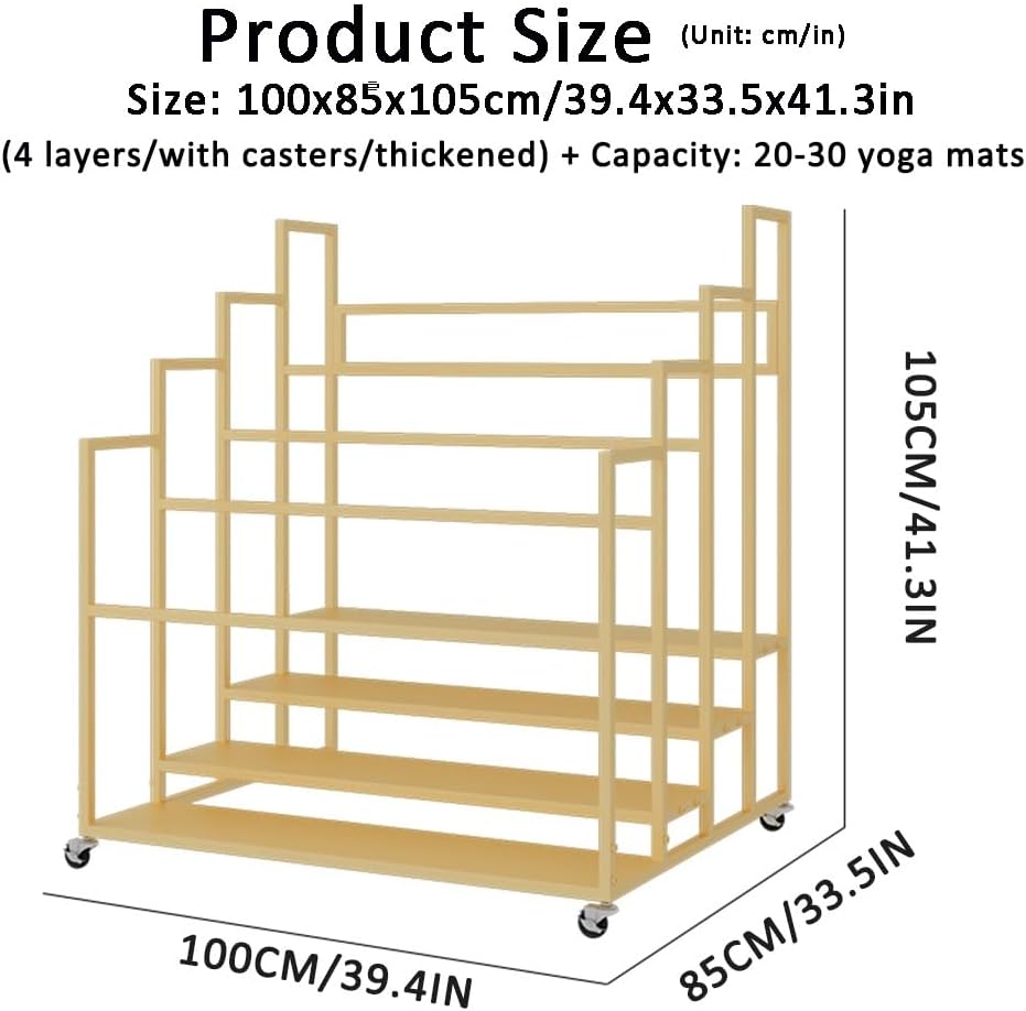 Yoga Mat Storage Rack, Home Gym Studio Organizer Large Yoga Mat Storage Cart for Foam Roller, Movable Sports Equipment Storage Rack with Wheels(Gold,4 Tier-39.4x33.5x41.3in)