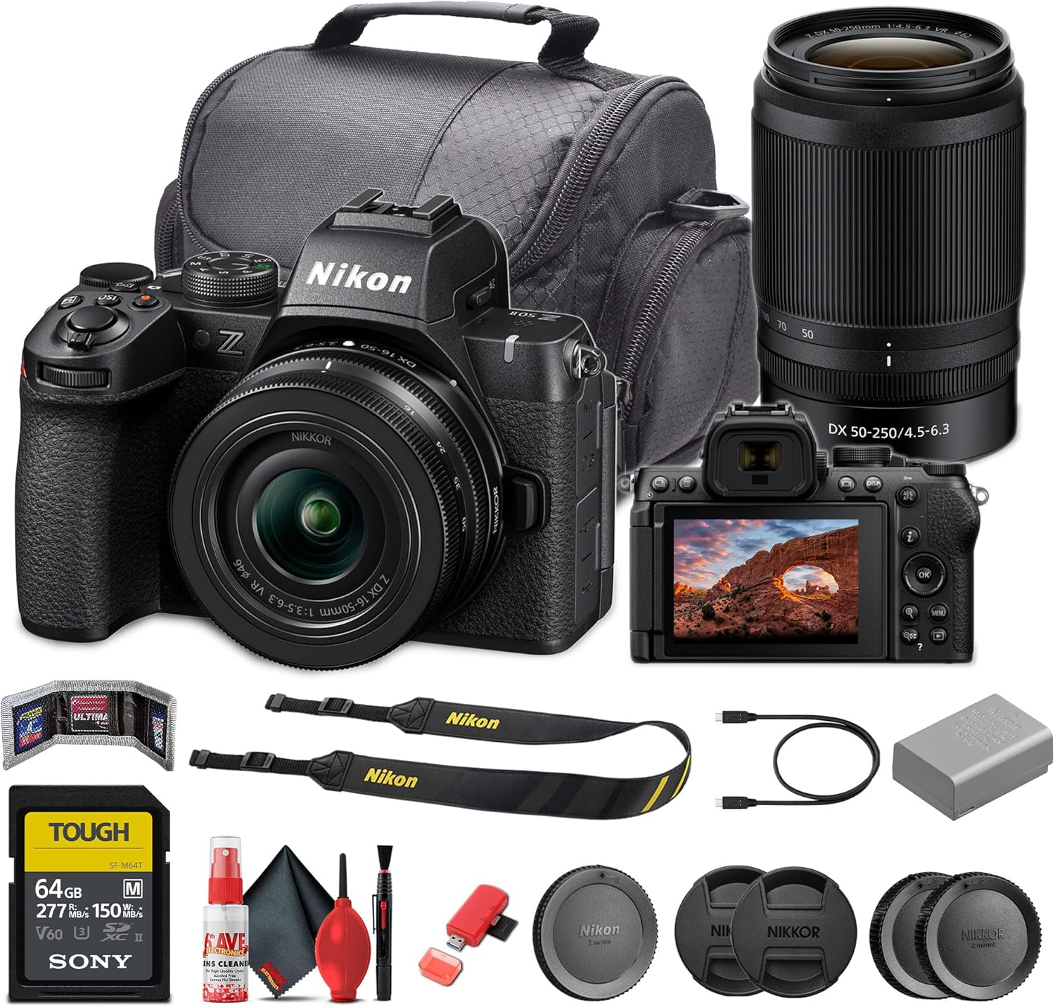 Nikon Z50II Mirrorless Digital Camera with NIKKOR Z DX 16-50mm f/3.5-6.3 & 50-250mm f/4.5-6.3 VR Lenses Bundle with 64GB Memory Card + 6Ave Cleaning kit+ More (Renewed)