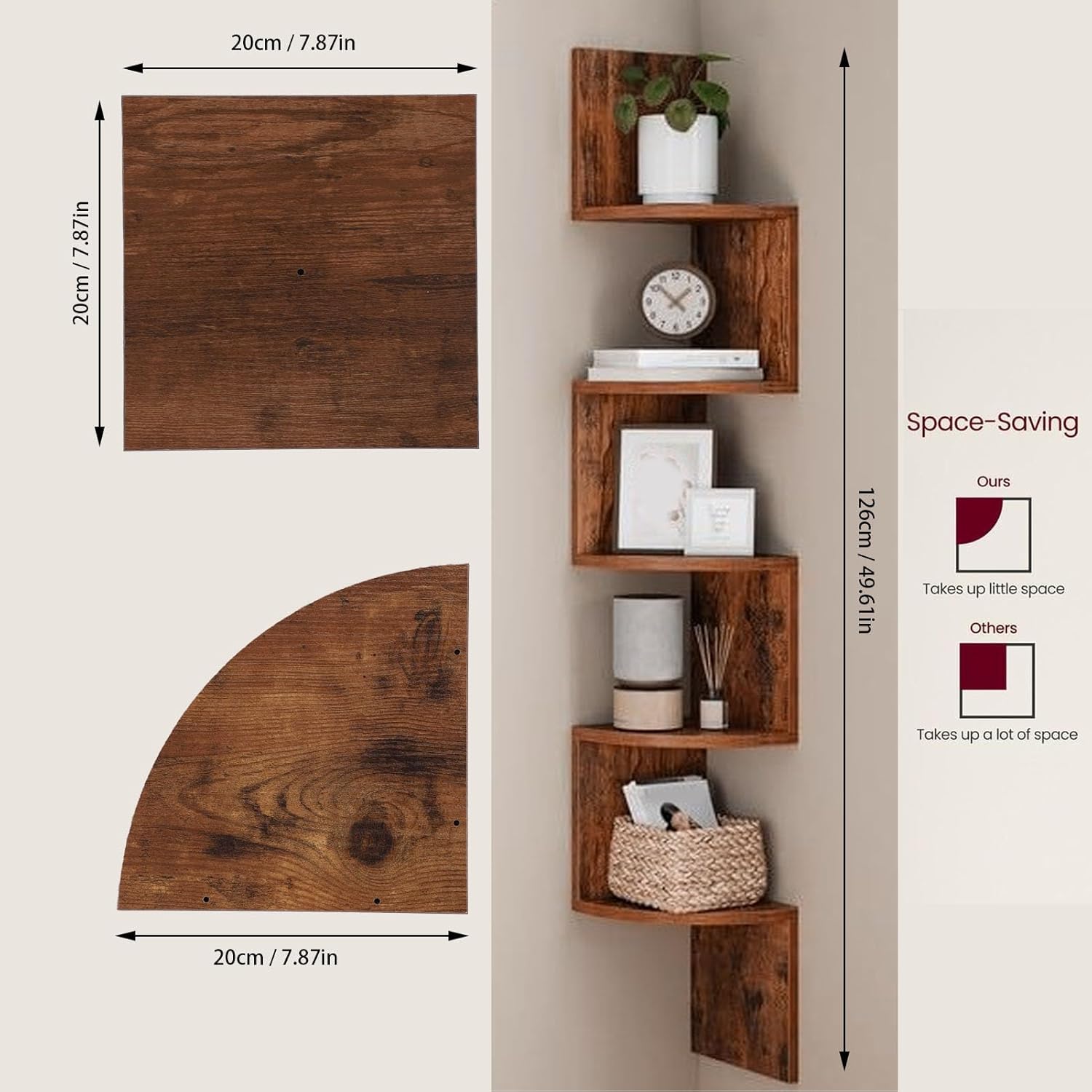 Asixxsix Corner Shelf Wall Mount, 6 Square Board, 5 Arc Board Easy to Clean Corner Shelf Space Maximization Wood Floating Corner Shelves for Bedroom Living Room Bathroom Kitchen