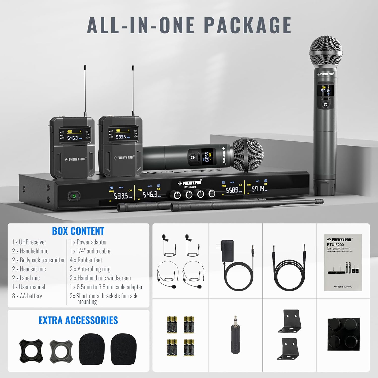 Phenyx Pro Wireless Microphone System, 4-Channel Wireless Mic Set with Handheld/Bodypack/Headset/Lapel Mics, Cordless Microphone for Singing, Karaoke, Church (PTU-5200-2H2B)