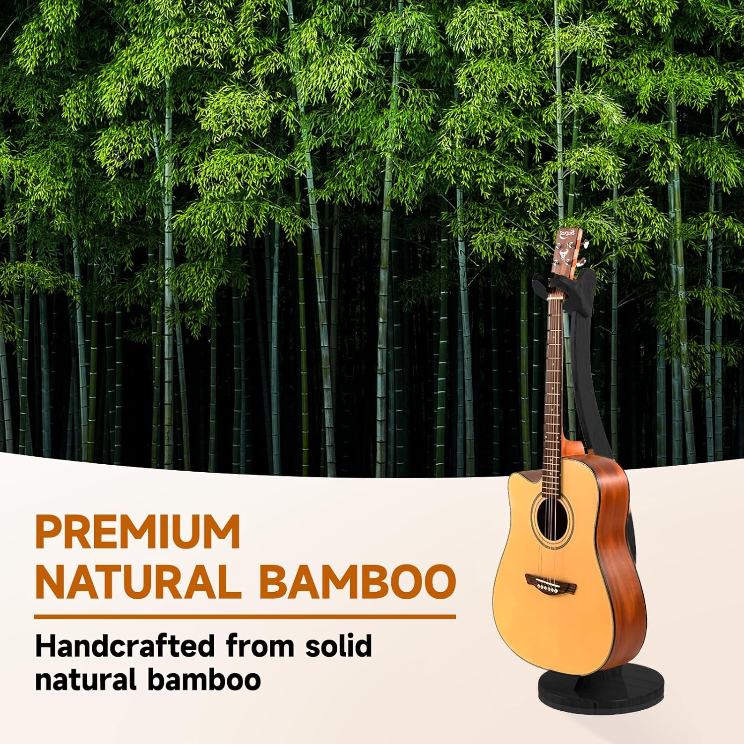 Wooden Guitar Stand Floor - Handmade Bamboo Guitar Music Stands for Acoustic Guitar Players, Wood Guitars Holder with Hanger for Electric Guitar, Banjo (Black)