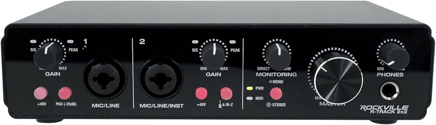 Rockville R-TRACK 2x2 USB 2.0 Audio Interface, 24-Bit/192kHz, 2 Mic-Pres with Combo Jacks, MIDI I/O, Phantom Power, for Studio Recording and Podcasting