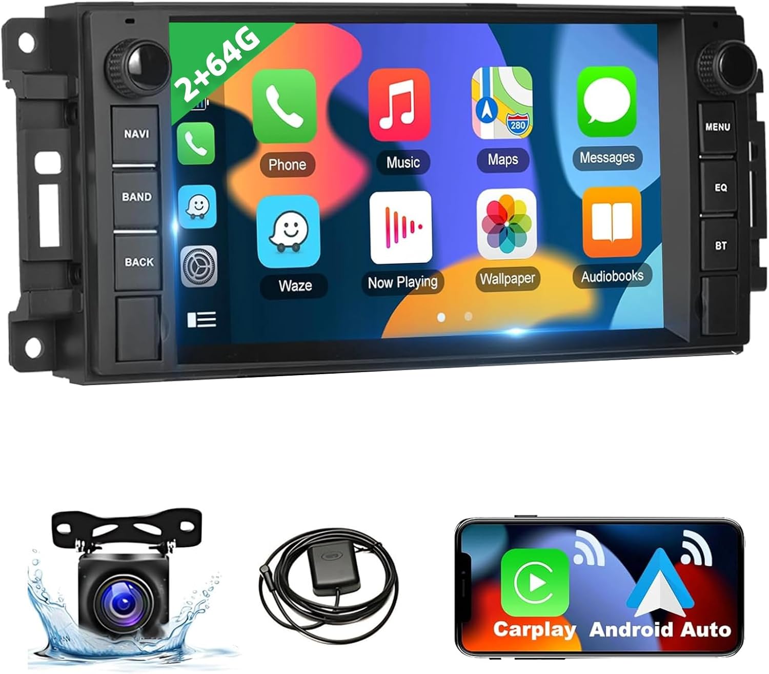 Podofo 2+64G Car Stereo for Jeep Wrangler Dodge Chevrolet RAM 1500 Android Radio with Wireless Apple CarPlay, 7