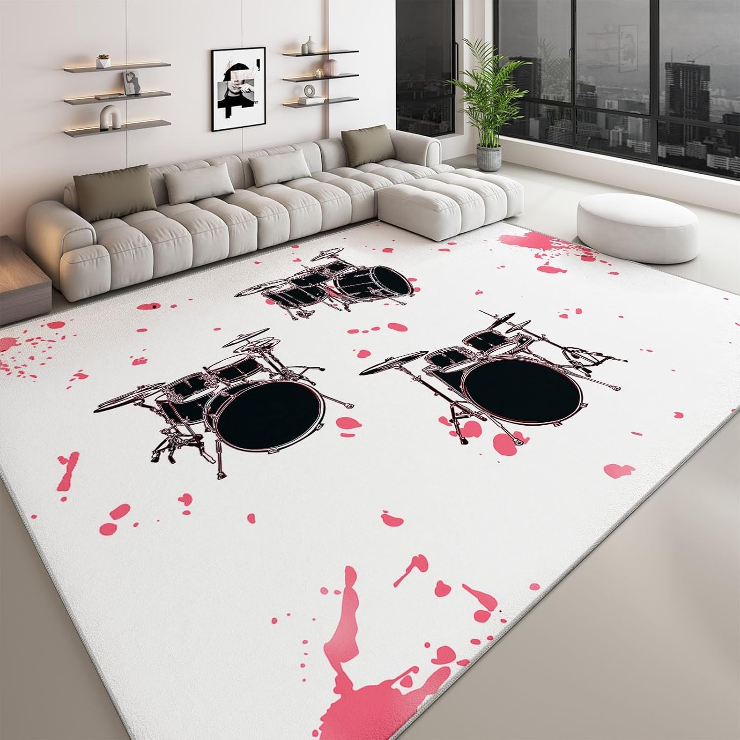 White Machine Washable Area Rug, Musical Instrument Drum Pattern Soft Area Rug - Non Slip Stain Resistant Low Pile Carpet with Non Slip Backing 5 x 6 ft for Living Room Bedroom Playroom