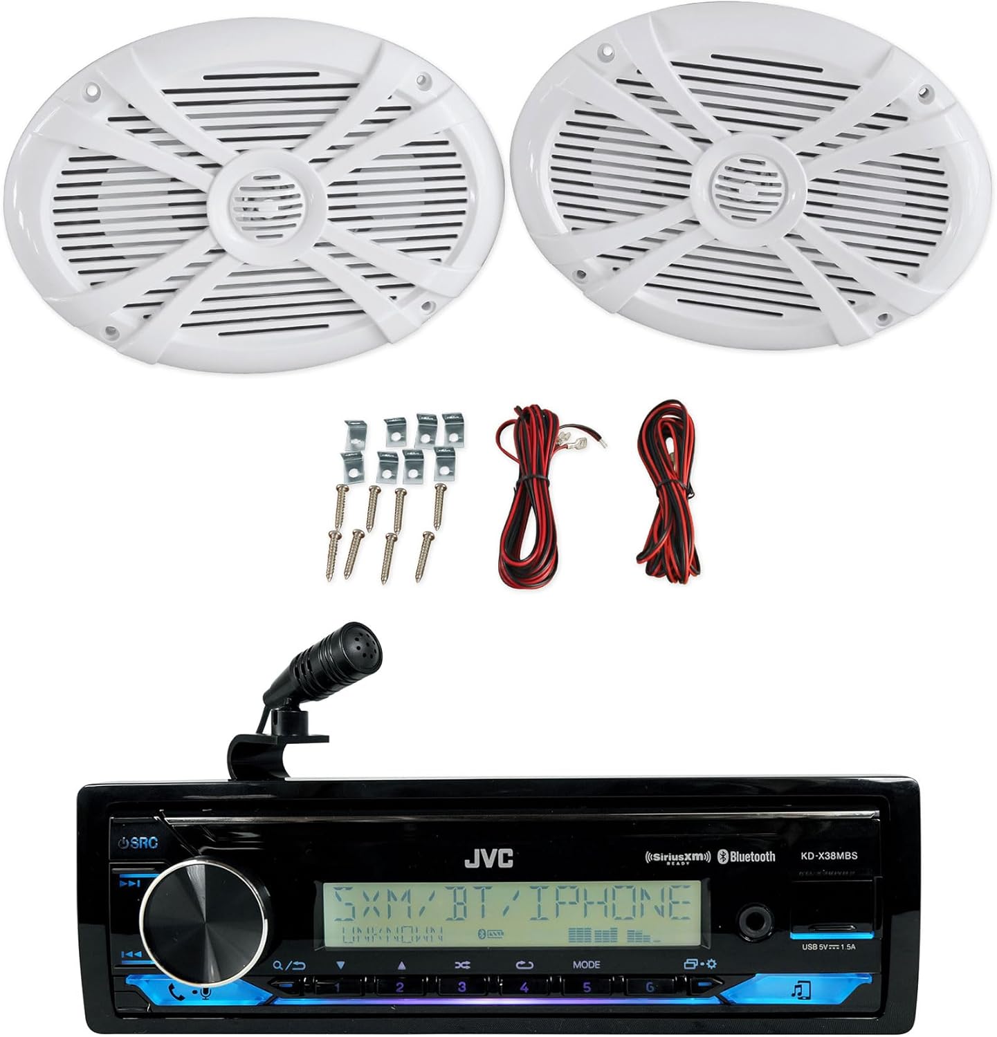 Audiosavings Bundle: JVC KD-X38MBS 1-Din Car/Marine/UTV/Motorcycle Stereo Receiver w/Bluetooth/USB Bundle with Pair Rockville RMSTS69W 6x9 1000w Waterproof Marine Speakers 2-Way White (2 Items)