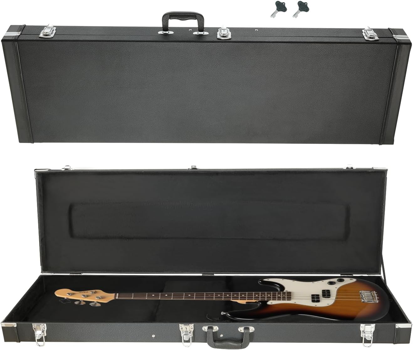 Electric Bass Guitar Hard Case Wooden Hard Shell Black Carrying Case Lockable with Key Square - 48 x 15.4 x 3.5 inches