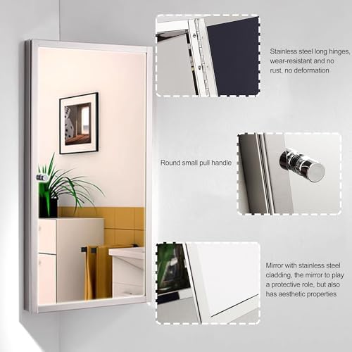 Bathroom Corner Medicine Cabinet, Stainless Steel Bathroom Cabinet Wall Mount with Mirror, Cupboard, Hanging Triple Shelf Storage Cabinet for Bathroom Kitchen Laundry Room Dormitories