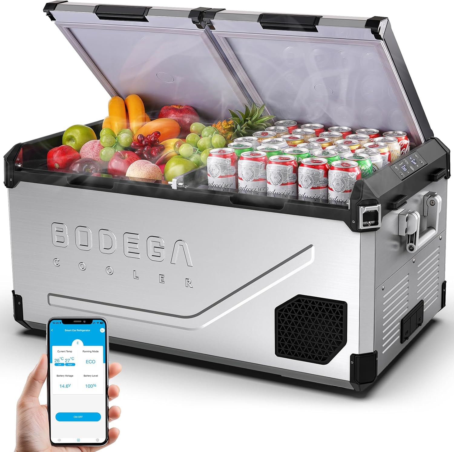 BODEGA BODEGACOOLER 12 Volt Car Refrigerator, 100Quart (95L) Dual Zone Car Fridge APP Control, Portable Freezer, -4℉-68℉ RV Electric Cooler 12/24V DC &100-240V AC for Outdoor, Camping, Travel