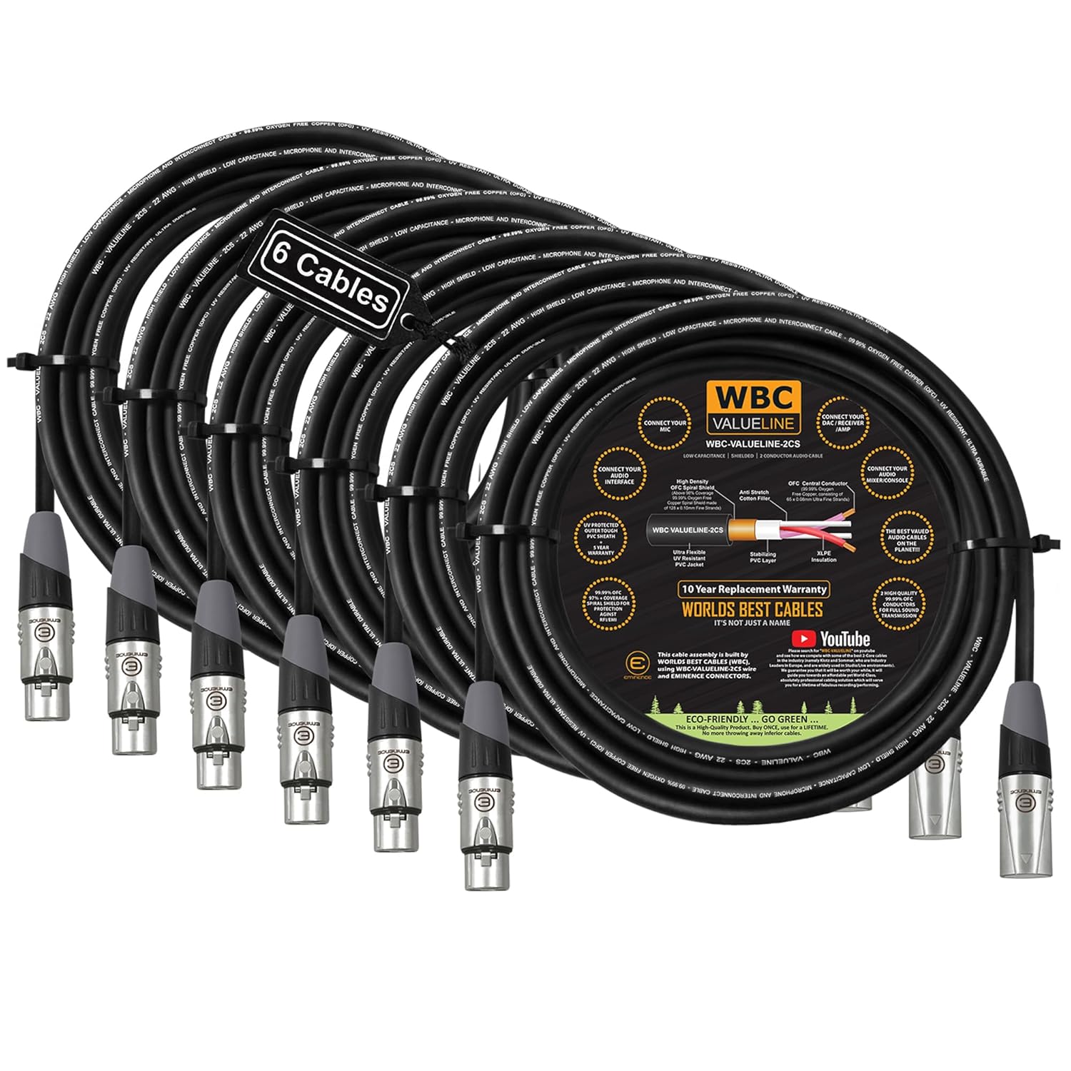 WBC-VALUELINE-2CS (22 AWG) - 6 Units - 12 Foot–Low-Capacitance Shielded Balanced Flexible Microphone, Active-Speaker & Interconnect Cables with Eminence Gold XLR Connectors