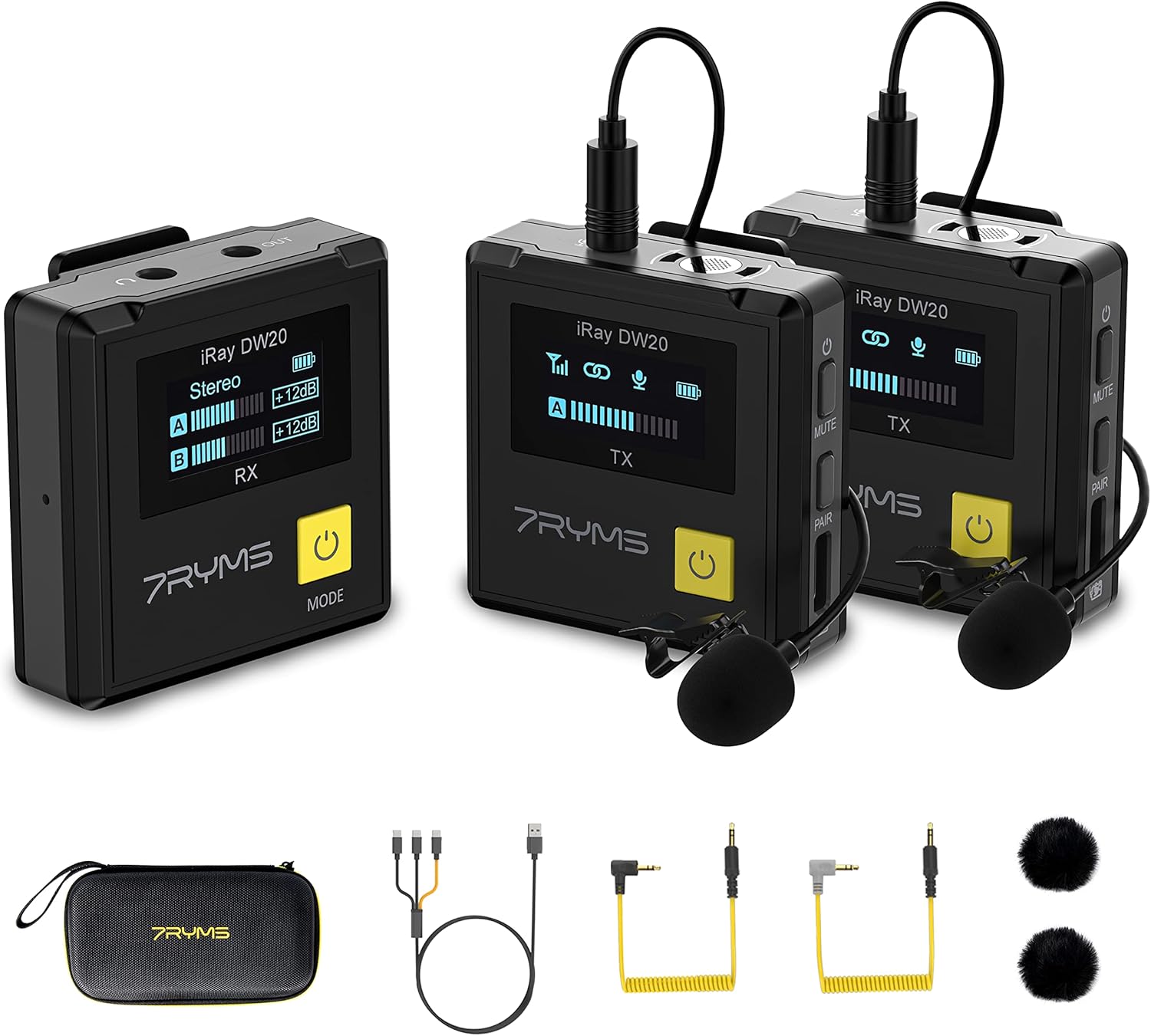 7RYMS iRay DW20 Wireless Lavalier Microphone with Intelligent Denoise, Digital/Analog Output, 2.4G Dual Wireless Lapel Mic for Camera Smartphone Tablet, Compact Lav Mic for Vlogging/Live Streaming