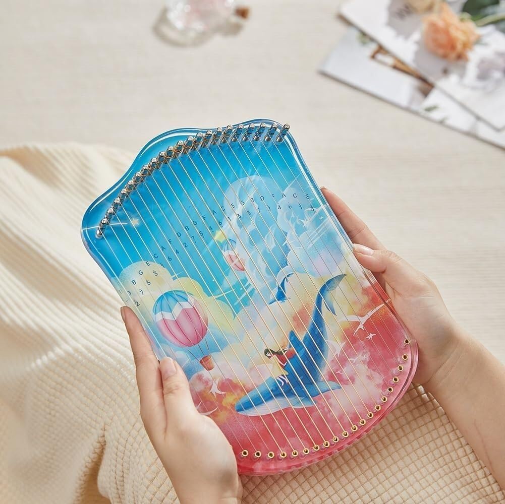 Mini Lyre Harp with Whale Pattern, Fingerpicking String Instrument, Metal Strings Acrylic Thumb Piano with Tuning Wrench(Color:Black,Clear,Copper)