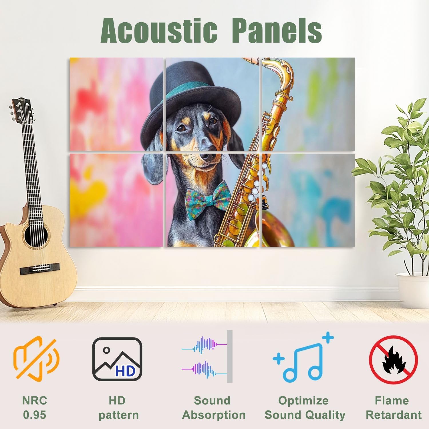 6 Pack Art Acoustic Panels Sound Absorbing Funny Dogs Musical Instruments Watercolor Dachshund Saxophone Dog Decorative Soundproof Wall Panels Self Adhesive for Recording Studios Office 72