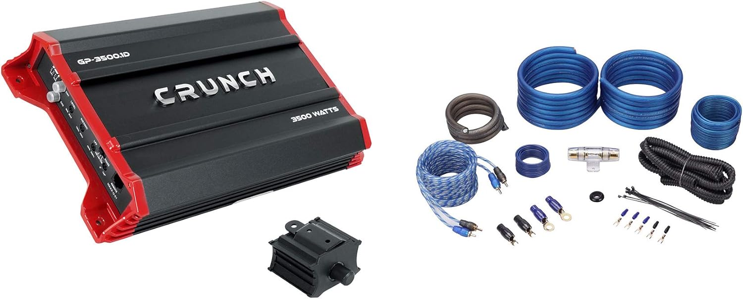 Crunch GP-3500.1D 3500 Watt @ 1 Ohm Mono Car Amplifier Audio Amp Class D Bundle with Rockville RWK41 4 Gauge Complete Car Amp Wiring Installation Wire Kit with RCA's