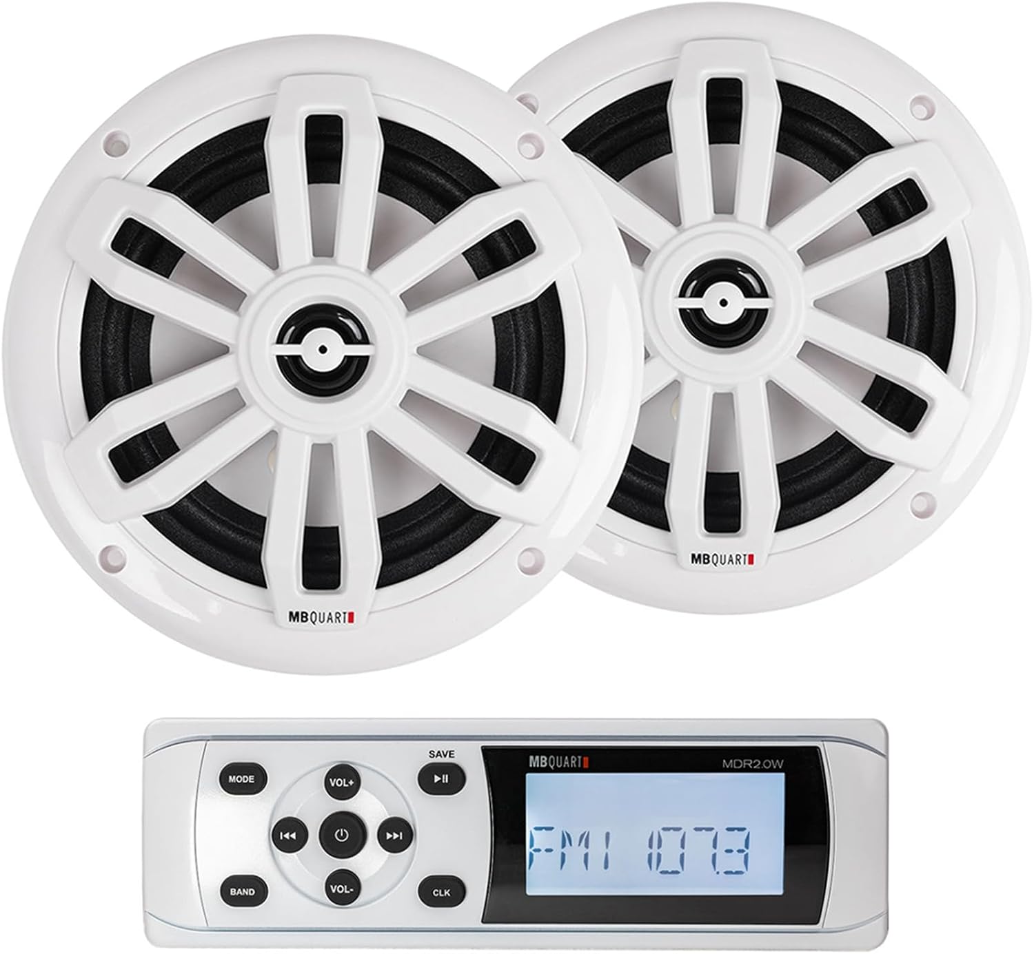 MB Quart MDR2.0W Bundle: Marine Boat AM/FM Bluetooth Receiver with USB/RCA Input, (2) NF1-116SW 6.5-Inch 80-Watt Peak/40-Watt RMS Ultra Slim 2-Way White Waterproof Speakers, IPX5/IPX67 Rated, 3-Items