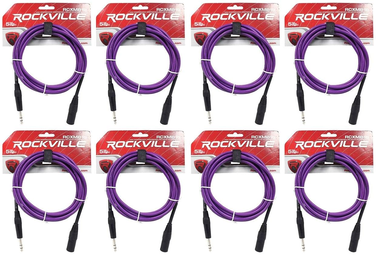 Rockville (8 RCXMB10P 10' Male REAN XLR to 1/4'' TRS Cable Purple 100% Copper