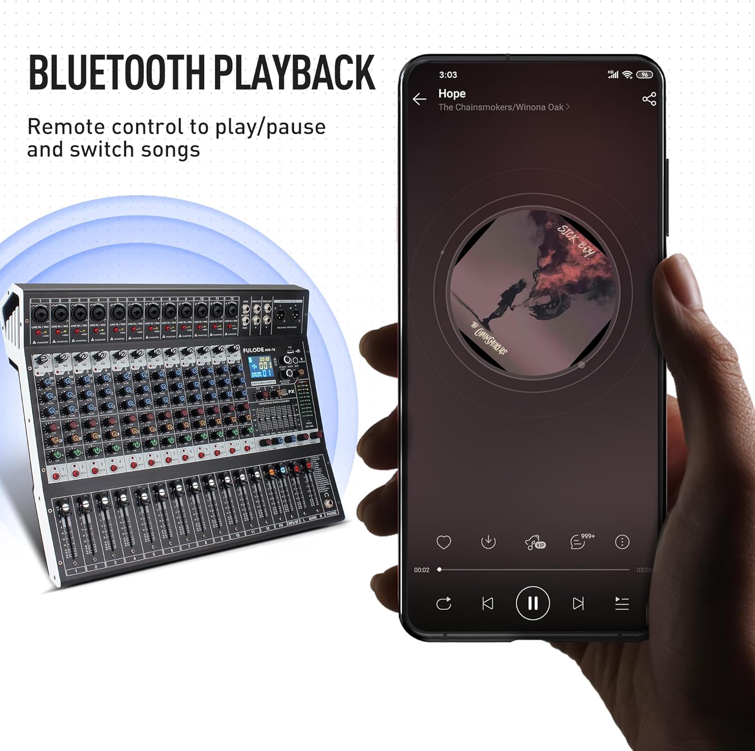 12-Channel Bluetooth Studio Audio Mixer 99 Bit DSP Digital Processor w/USB MP3 for PC Recording Input, XLR Microphone Jack, 48V Power, For Professional and Beginners DJ Mixer