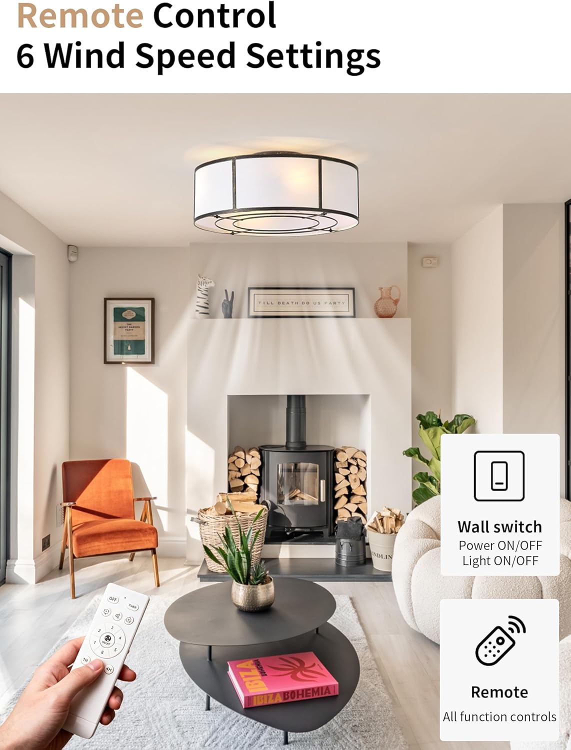 Caged Ceiling Fans with Lights Flush Mount, Farmhouse Low Profile Ceiling Fan with Lights Remote Control, 20'' Modern Bladeless 6 Speeds for Bedroom, Nursery, Kitchen, Black