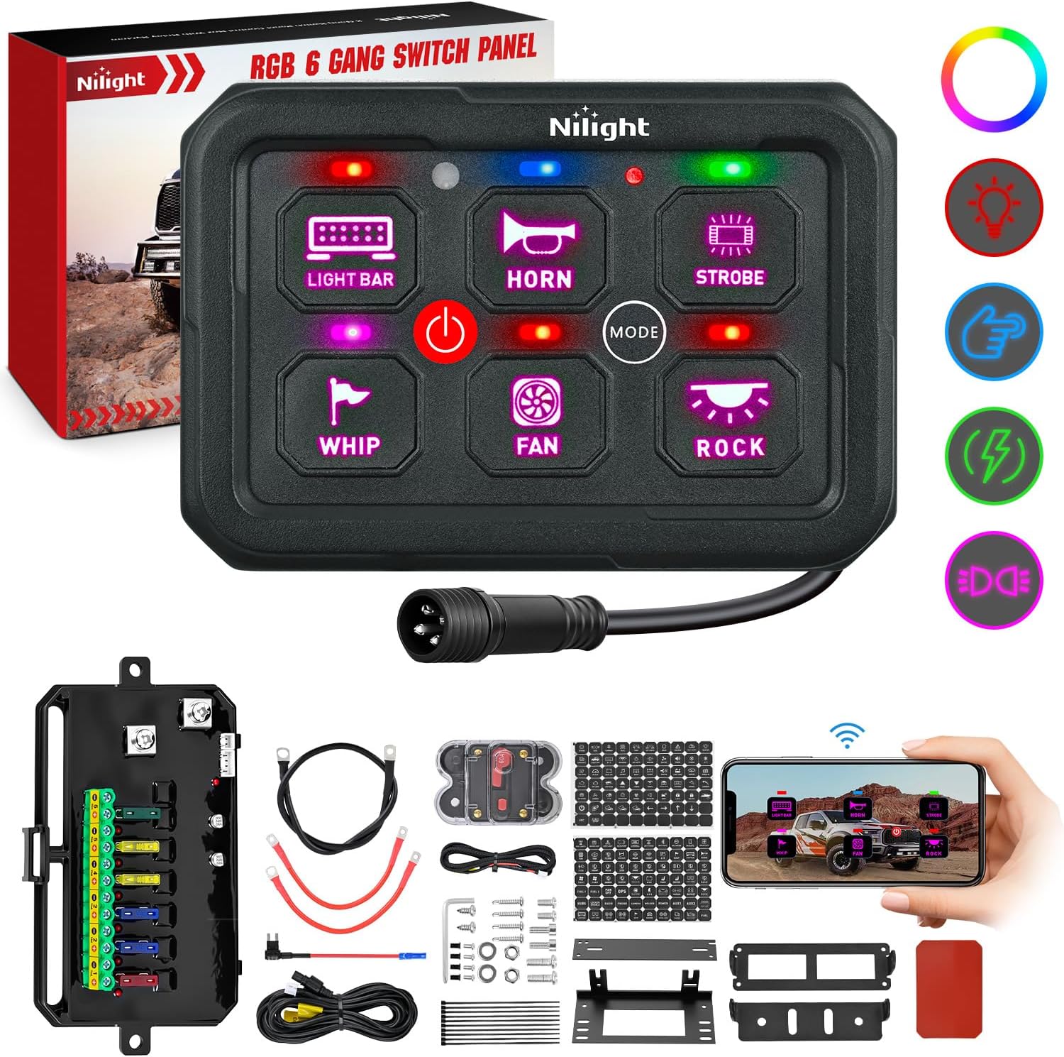 Nilight 6 Gang Switch Panel Circuit Control Relay System APP RGB Backlight Fuse Wiring Harness Toggle Momentary Strobe Flash Modes Automatic Dimmable 12V 24V for Car Truck Camper SUV
