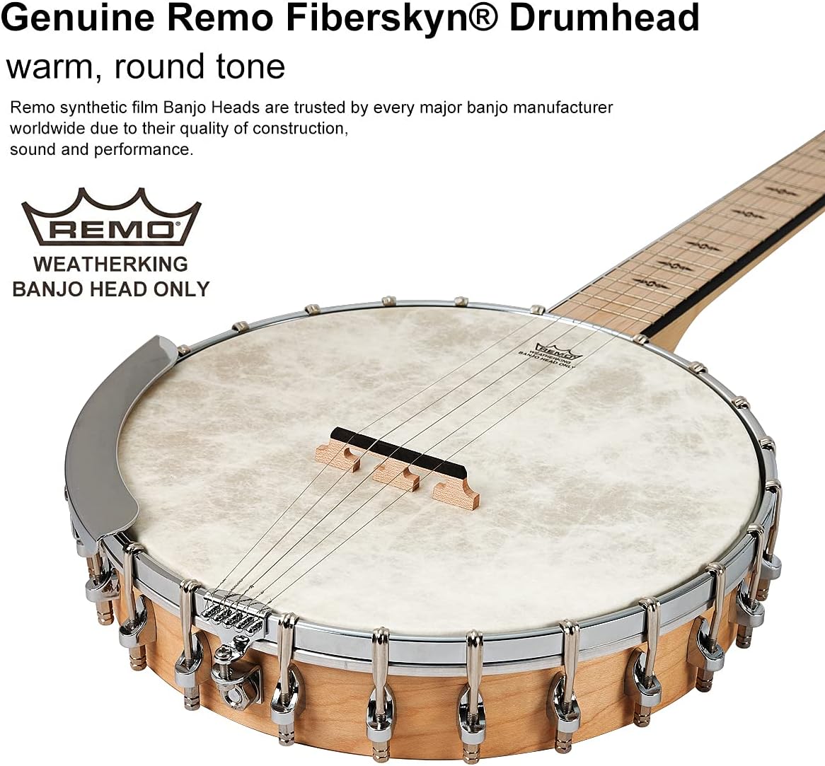 5 String Banjo, Mulucky Full Size with 24 Brackets Banjo, Open Back, Maple Banjos with Remo Head, Geared 5th Tuner, Gift Package with Beginner Kit - MB1101