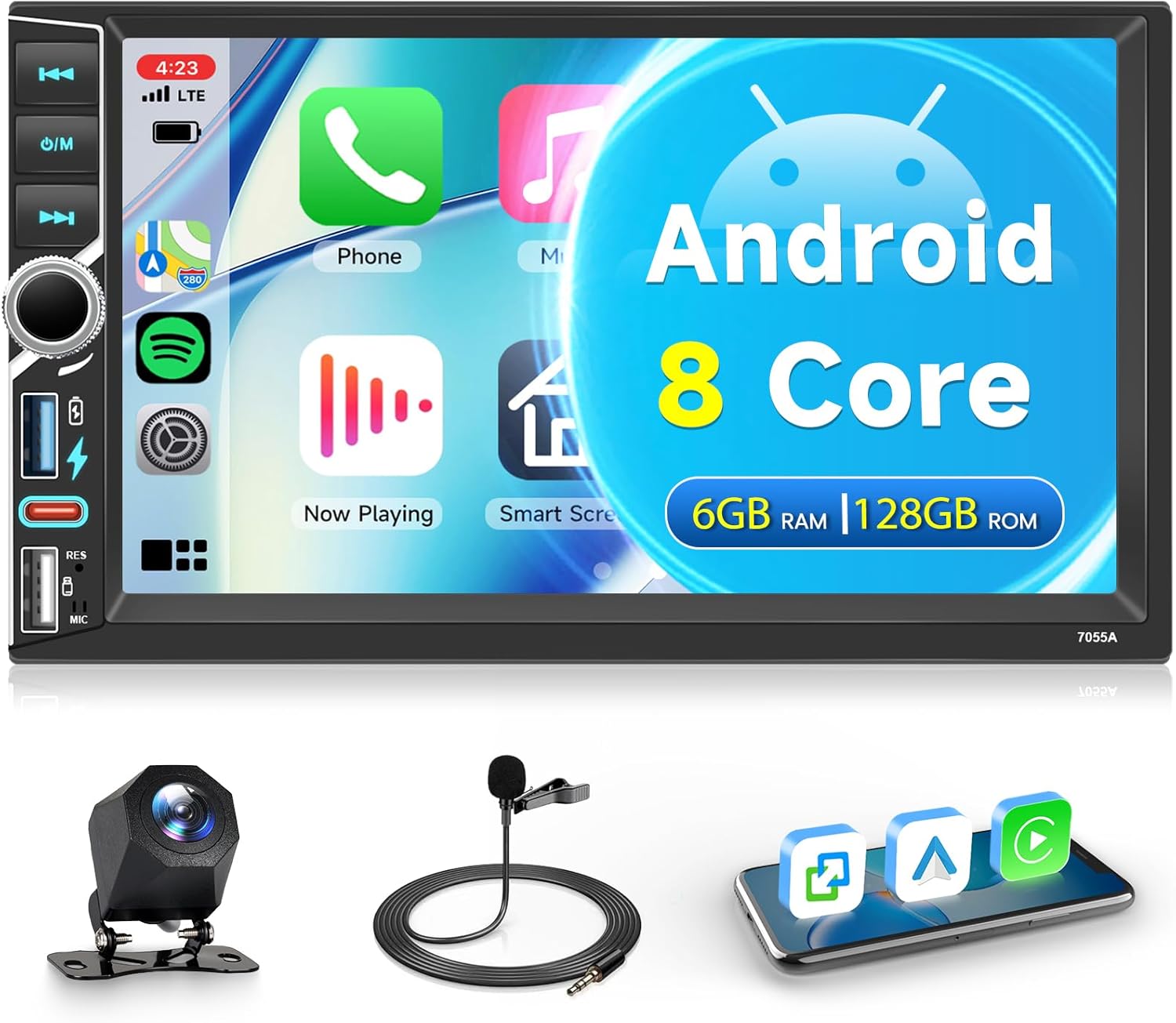 8 Core 6+ 128G Double Din Touch Screen Car Stereo with Wireless Carplay and Android Auto, Driauto 7 Inch IPS Android Radio with Mirror Link GPS WiFi Bluetooth FM/RDS SWC DSP Multiple UI+ Backup Cam