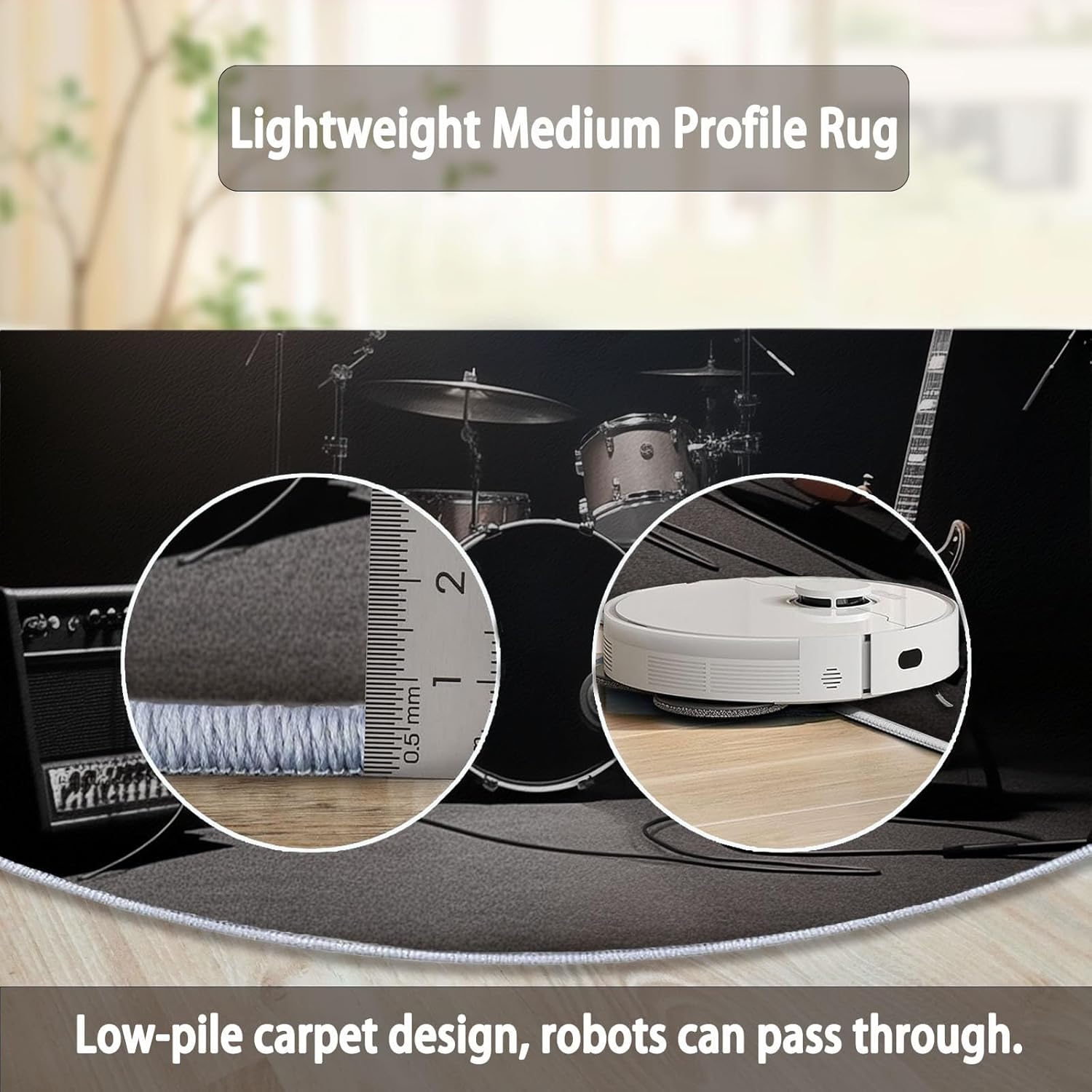 Round Area Rugs Modern Drums Electric Guitar Pattern, Black Non-Skid Lightweight Washable Area Rugs - 5 ft Soft Durable Circle Carpet for Bedroom Living Room Baby Room Nursery Bathroom Home Decor