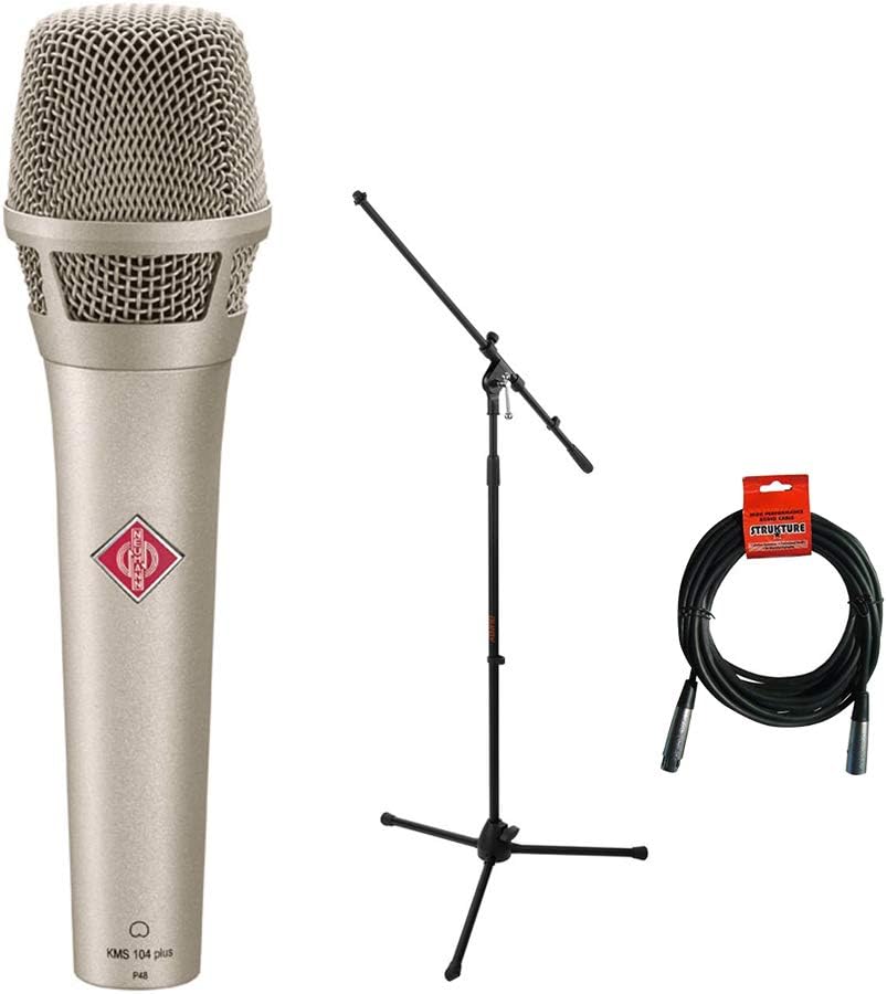Neumann KMS104 Plus Handheld Stage Microphone (Nickel) with Tripod Microphone Stand & XLR Cable Bundle