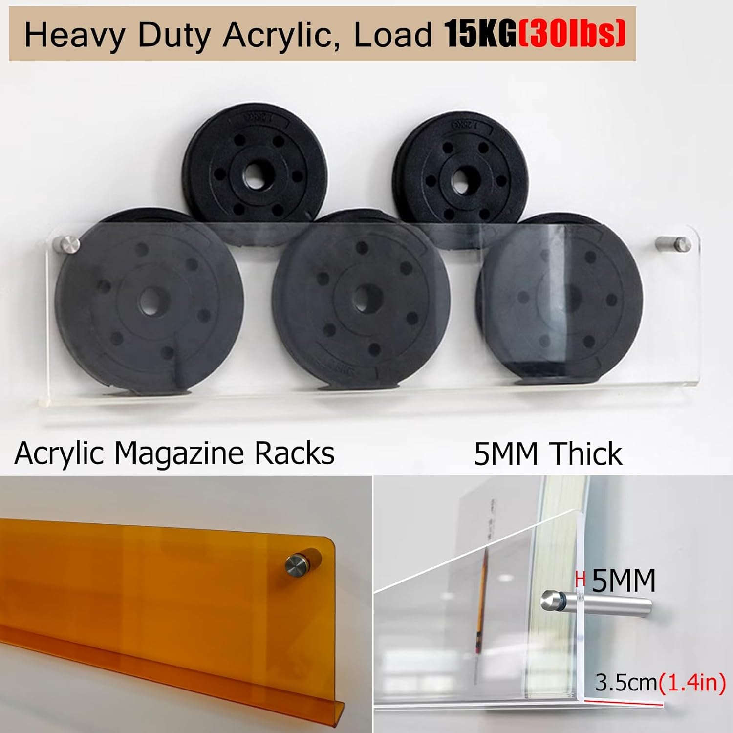 Acrylic Brochure Holder Wall Mount Bookshelf Wall Mount for Kids/Nursery/Corner, 16 24 30 40 47 Inches Heavy Duty Floating Magazine Rack for Office Room/Bedroom/Living Room/Hotel Lobby/Beauty Salon(Or