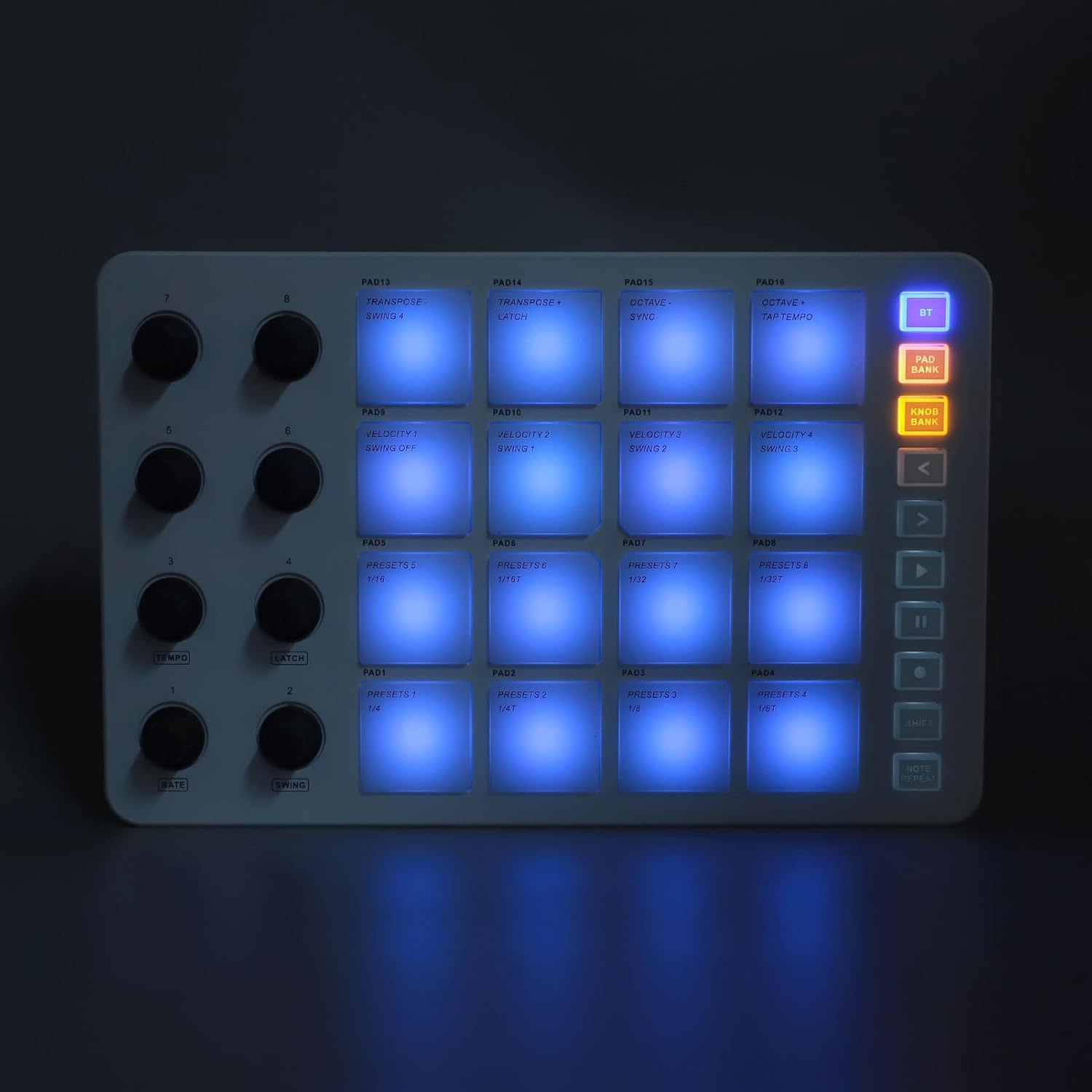MIDI Pad Controller, PAD BT MIDI Controller, Portable USB MIDI Drum Pad Controller with 16 RGB Backlit Pads, 8 Assignable Knobs, Note Repeat, Full Level Key